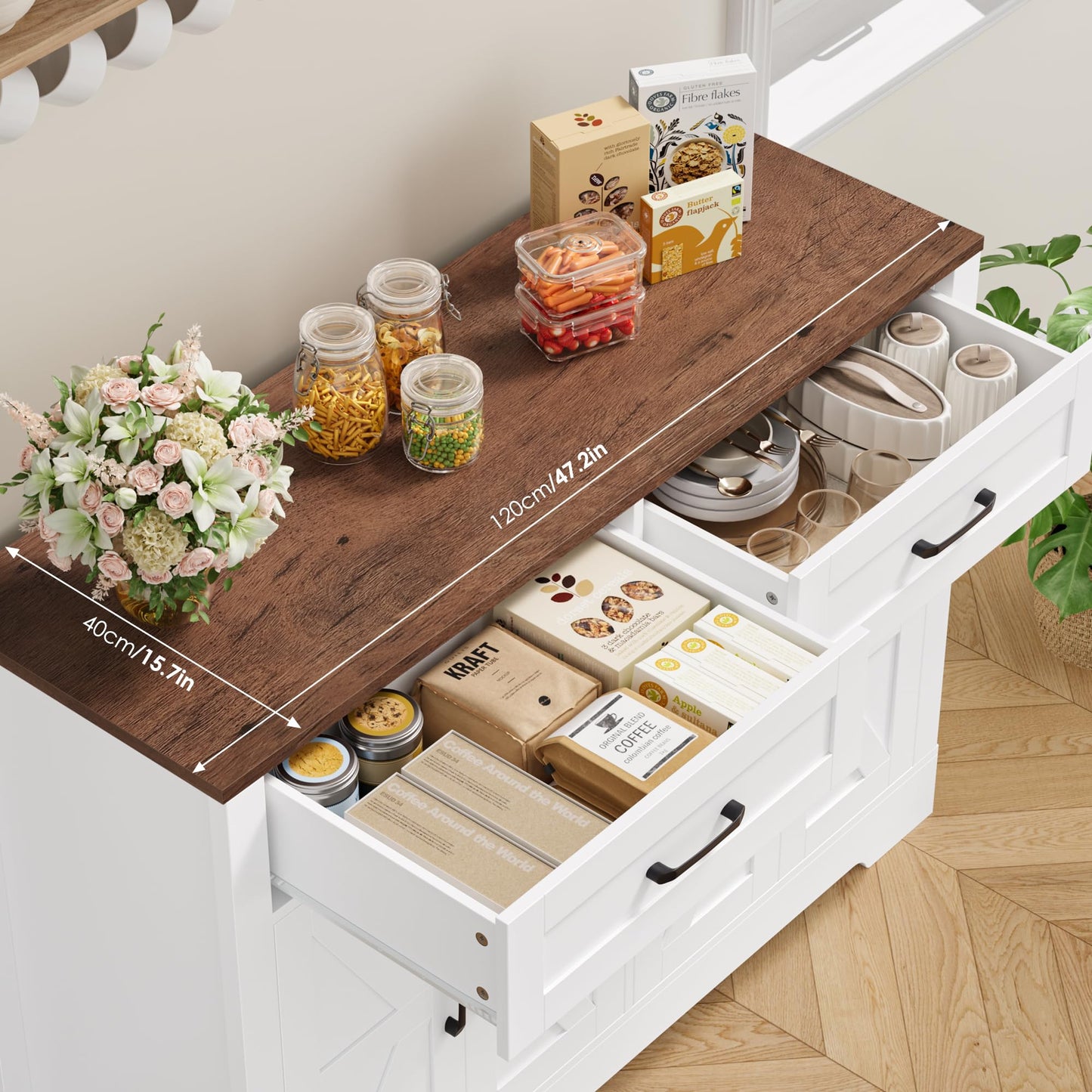BOTLOG 47.2" Farmhouse Buffet Cabinet with Storage, Sideboard Cabinet with Drawers, Kitchen Storage Cabinet with Shelves for Living Room, Entryway, Rustic White