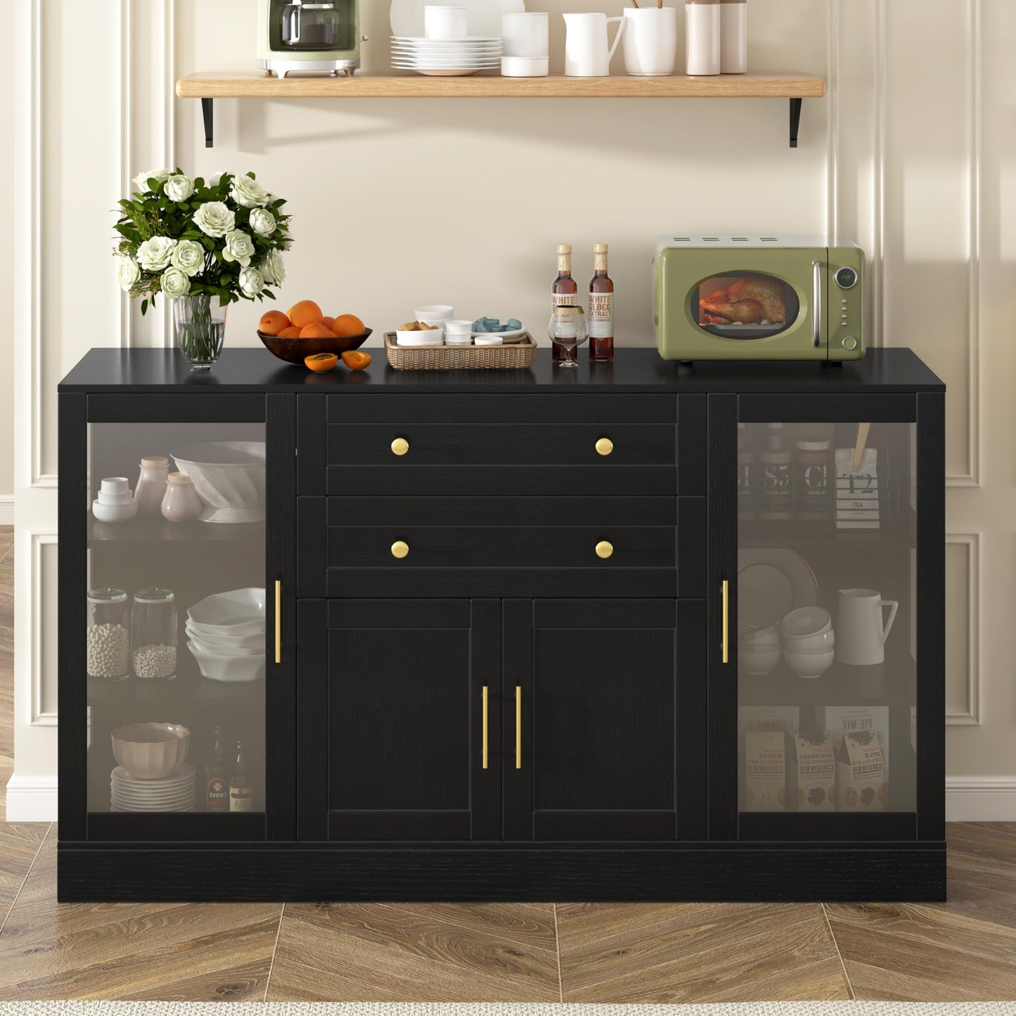GDFStudio 51" Modern Storage Cabinet with Doors & Drawer, Large Buffet Sideboard Cabinet with Adjustable Shelves, Farmhouse Credenza Console Table Coffee Bar for Living Room Dining Room Kitchen, Black