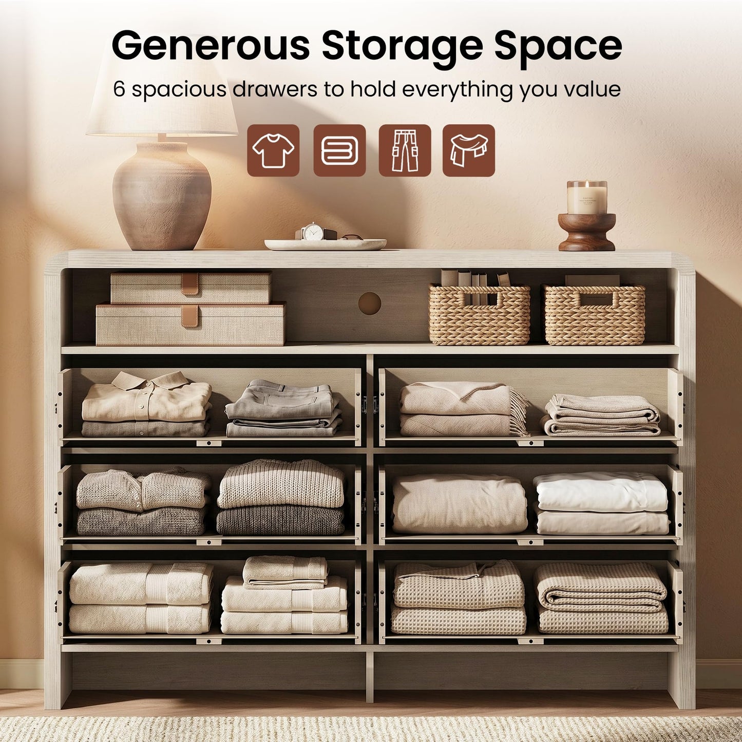 ModernMate 6 Drawer Dresser with Open Shelf, 53.2" Wide Fluted Dresser for Bedroom, Wood Chest of Drawers, Modern Storage Cabinet with Metal Handles, Anti-Tip Clothes Organizer, White Alder