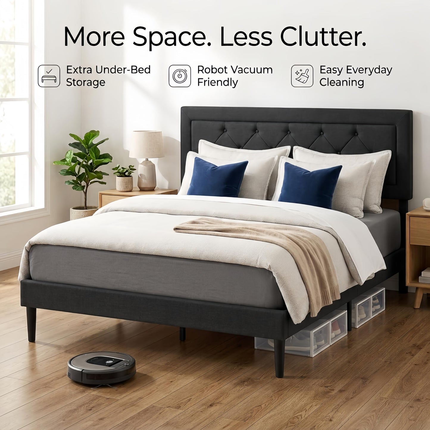 Dearforest Queen Upholstered Bed Frame with Headboard, Heavy Duty Platform Bed Frame, Easy Assembly, Noise-Free, No Box Spring Needed, Strong Metal Support, Under Bed Storage Space (Grey, Queen)