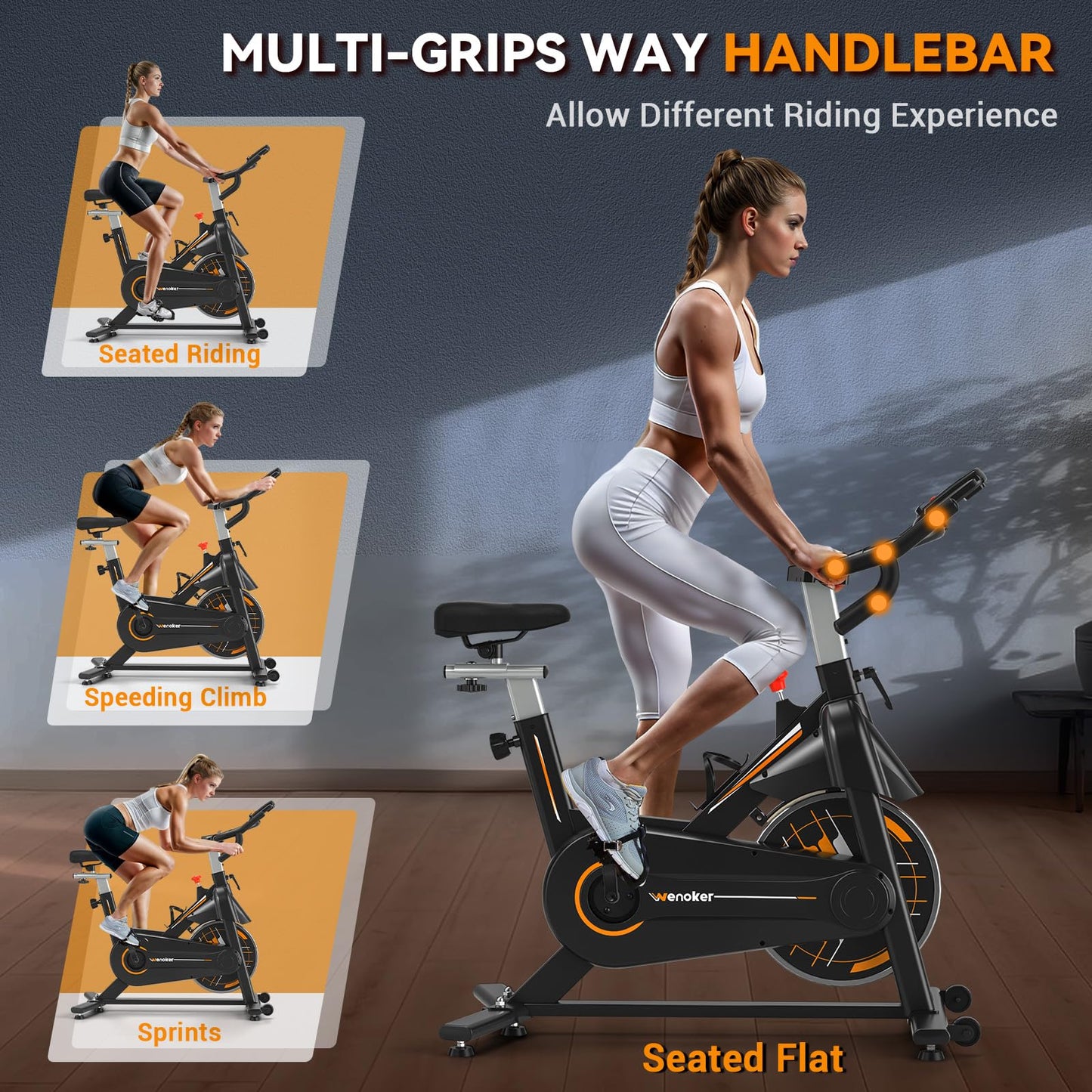 Exercise Bike, Wenoker Stationary Bike for Home, App Supported Indoor Bike with Adjustable Seat and Multi-grips Handlebar, Transport Wheels and Fitness Courses for Weight Loss