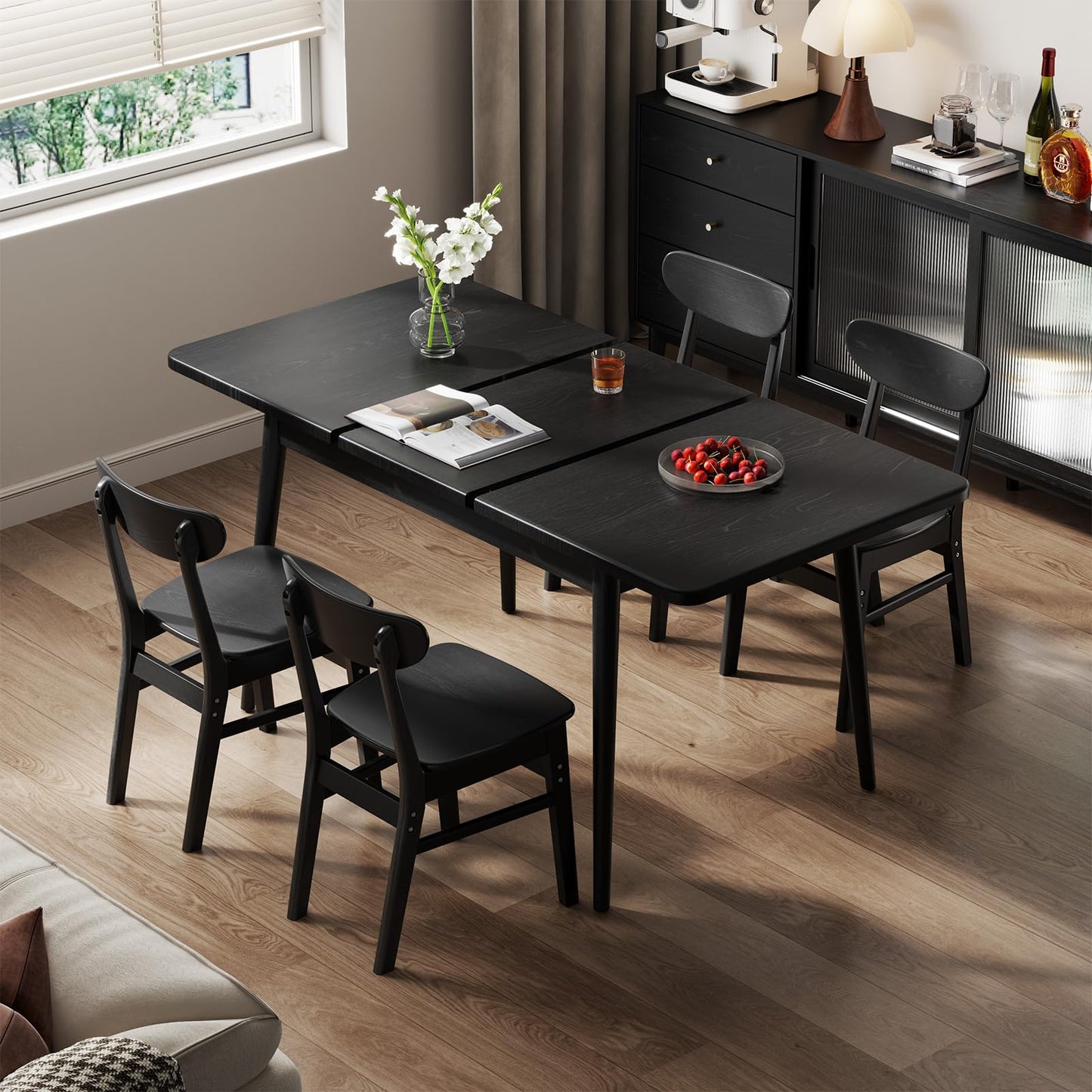 Muwuele Solid Wood Extendable Dining Table for 4-8 People with Seamless Extension from 47.2 to 63 Inches, Easy Assembly, Expandable Tables for Small Spaces, Dining Room, Kitchen, Living Room, Black