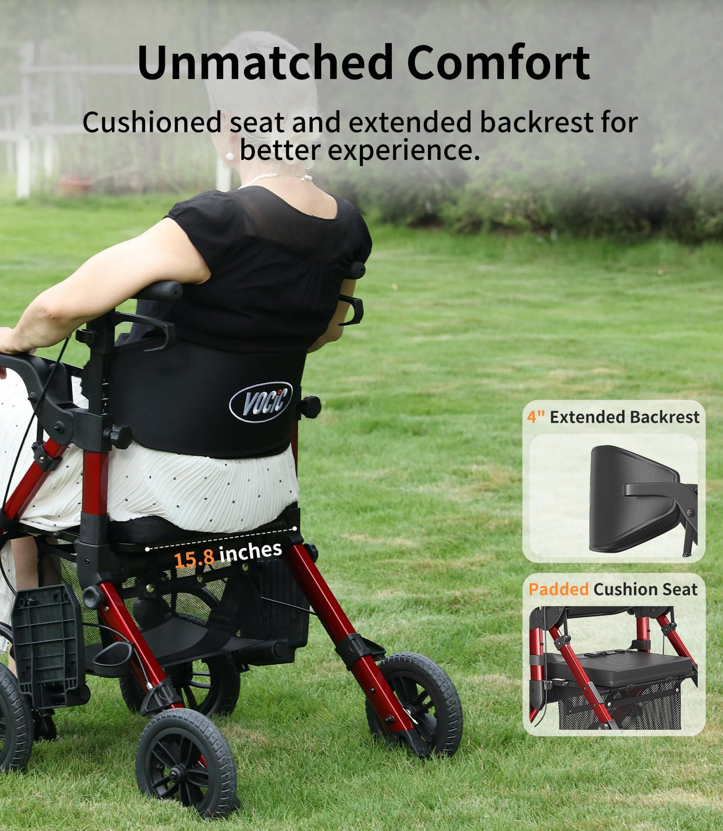VOCIC Walkers for Seniors, Wheelchairs for Adults, Rollator Walker with Seat, 2 in 1 Rollator Transport Chair with Brakes, Rollator Lightweight Foldable, Walker Wheelchair Combo