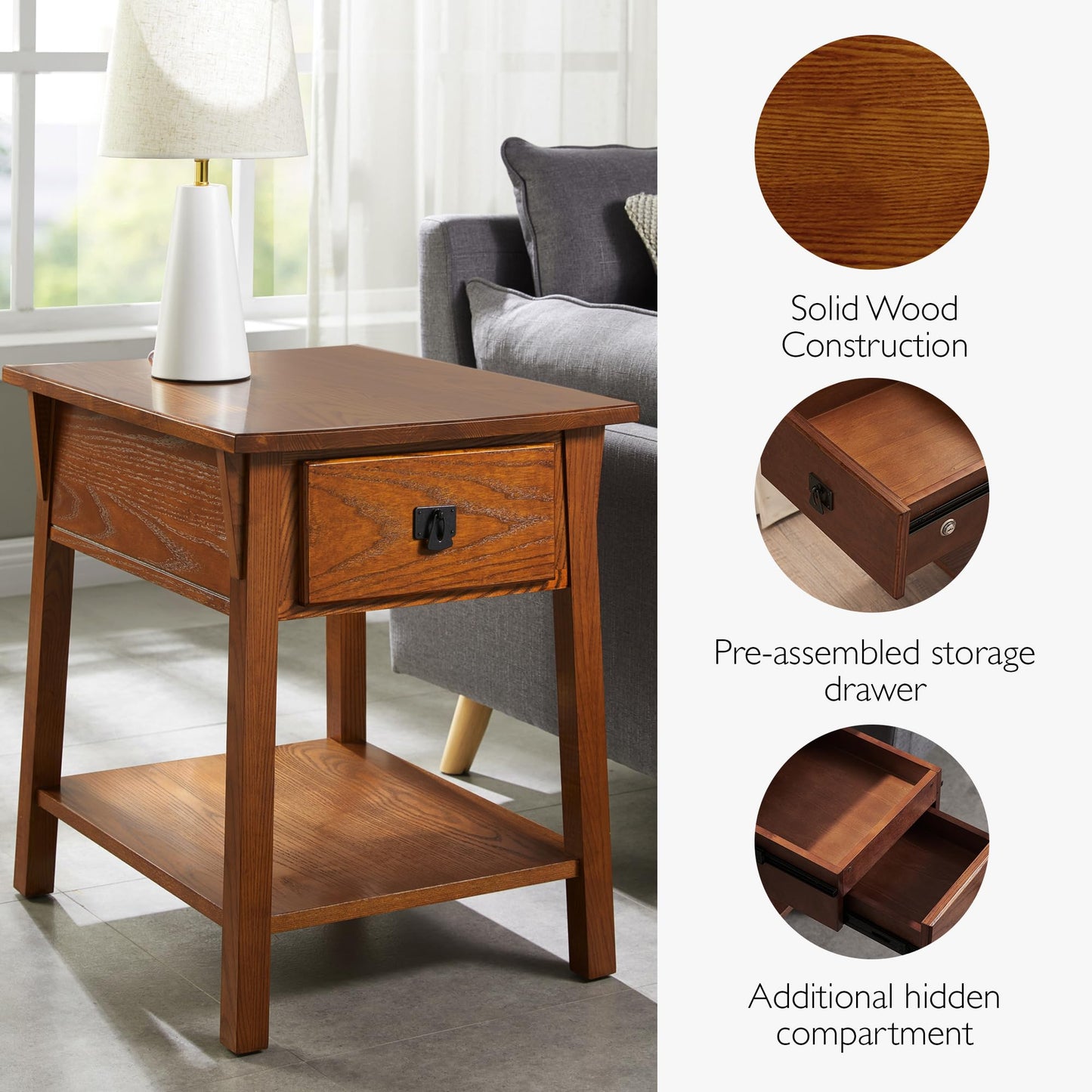 Leick Home Mission End Table, Solid Wood, 1 Storage Drawer, Secret Compartment, Bottom Display Shelf, Easy-Assembly, For Living Room/Bedroom, Russet, 24.0 in. L x 20.0 in. W x 24.0 in. H, 9066-SC