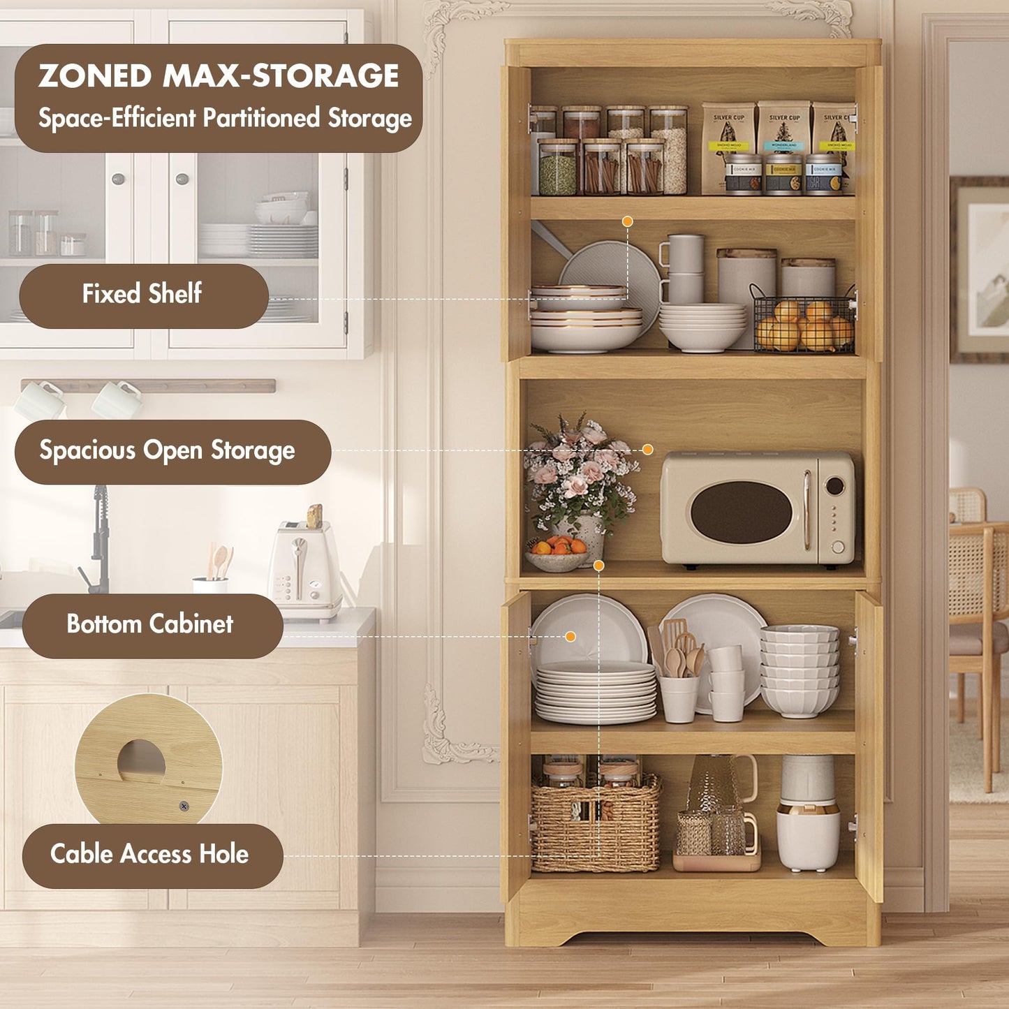 IDEALHOUSE Mid Century Modern Kitchen Pantry Cabinet, 72" Tall Storage Cabinet with Microwave Shelf, Wooden Freestand Cupboard with Carved Flower Door & Crystal Handle, for Dining Room