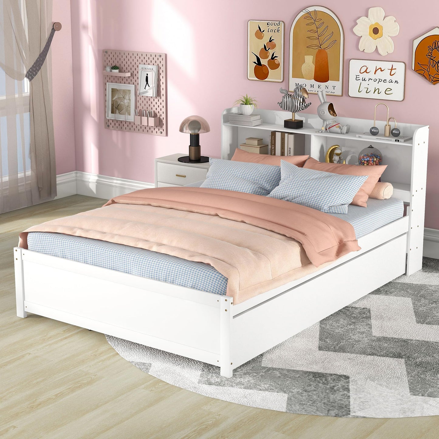 Full Size Bed Frame with Trundle,Captain’s Bed Full with Bookcase Headboard for Kids,Trundle Bed with Storage for Kids,Teens,Adults(White)