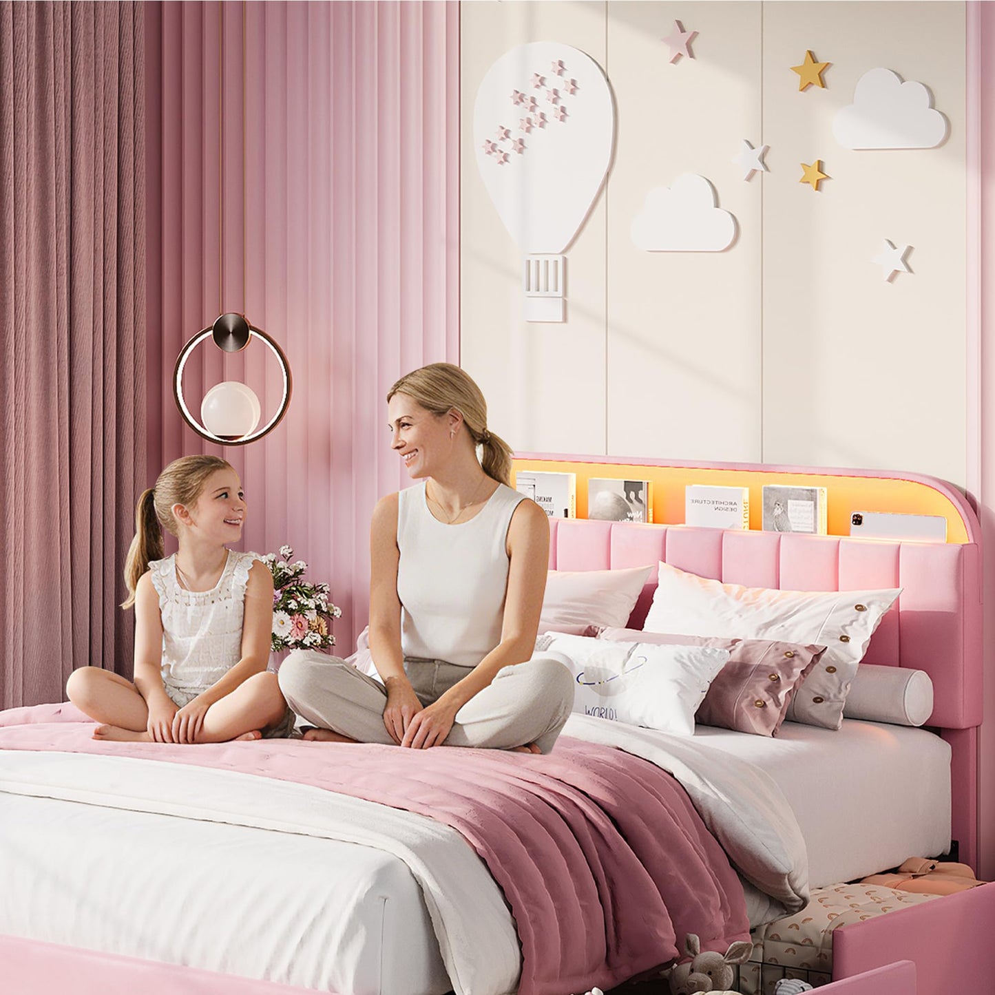 Garvee Twin Size Bed Frame with 2 Flexible Drawers, Velvet Upholstered Platform Bed Frame with Bookcase Headboard and LED Lights, Kids Bed for Girls, Easy Assembly, Noise Free, Pink