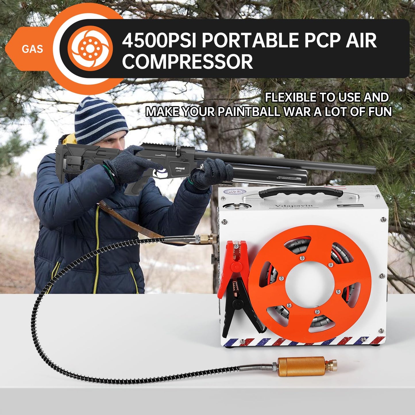 PCP Air Compressor, Portable 4500 PSI/300 Bar Air Pump, supports 12V DC or 120V/220V AC, Auto-stop, oil-free/water-free design, for Paintball, Air Rifle, HPA Tanks
