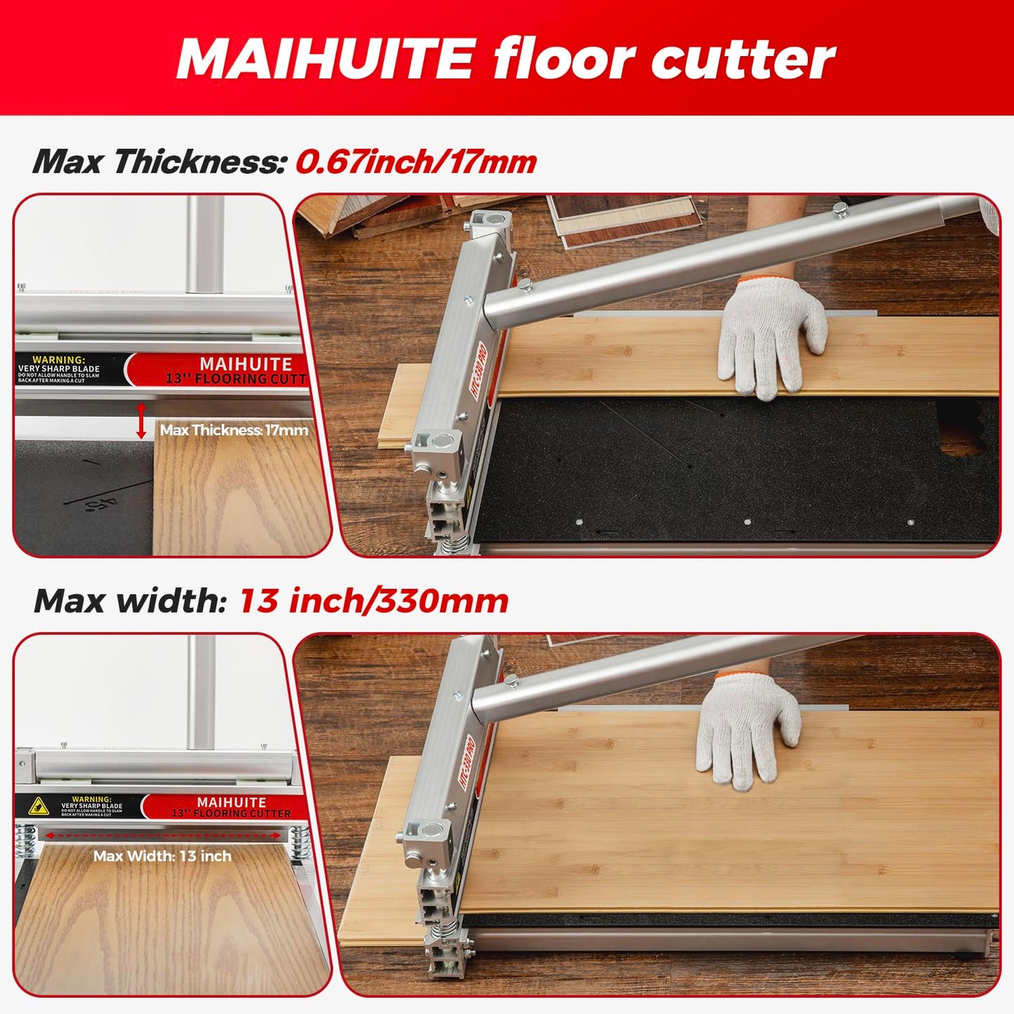 17mm Thick Laminate Floor Cutter 13" with Spare Blade, Manual & Dust-Free, Cuts Laminate,Vinyl Plank,SPC,LVT, Siding – Adjustable 0-45° for Herringbone & Straight Cuts – Heavy Duty for Pro & DIY