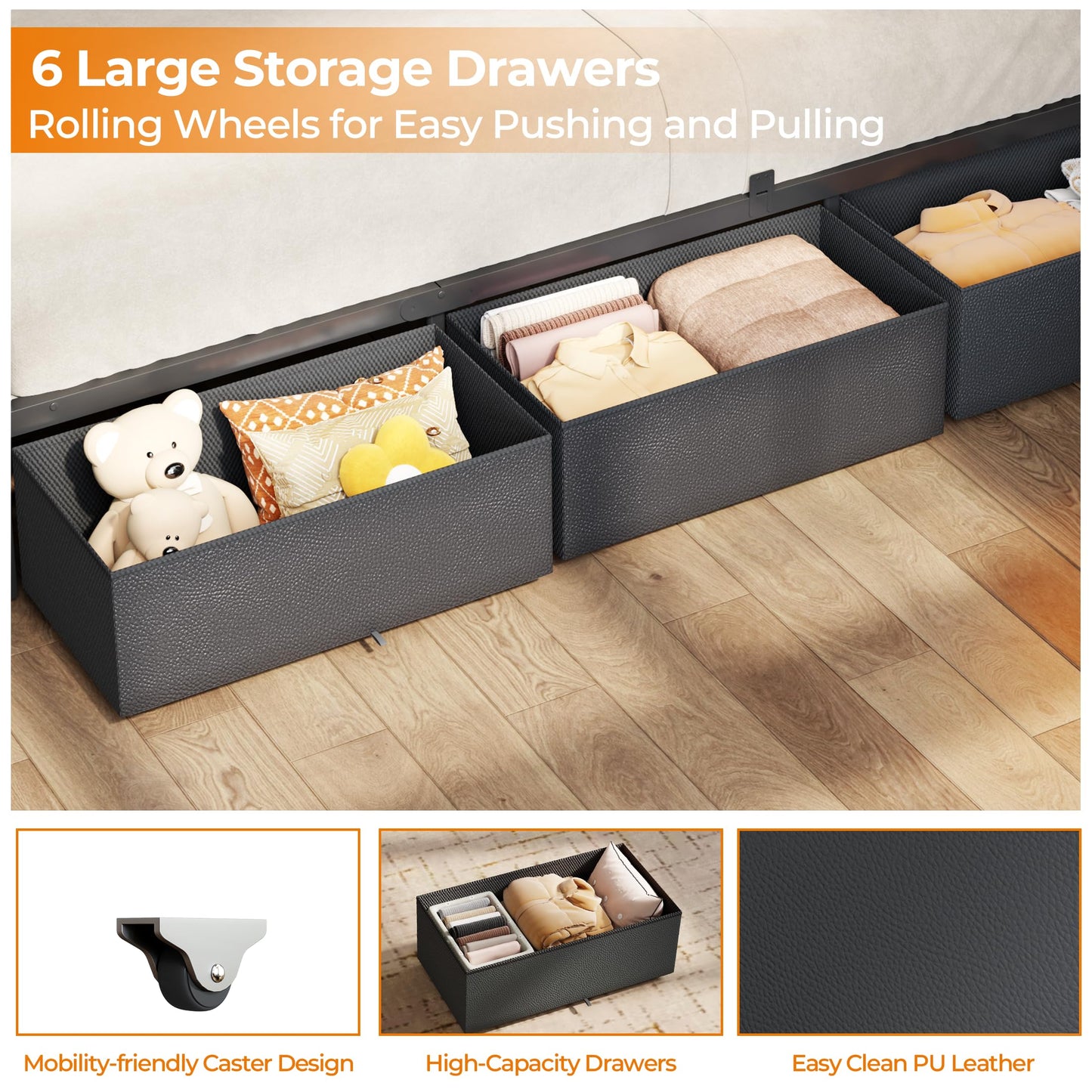 OURPIC Full Size Bed Frame, 2-Tier Storage Headboard & 6 Fabric Drawers, PU Leather Upholstered Platform Bed Frame Full with Charging Station and LED Lights, No Box Spring Needed, Noise Free