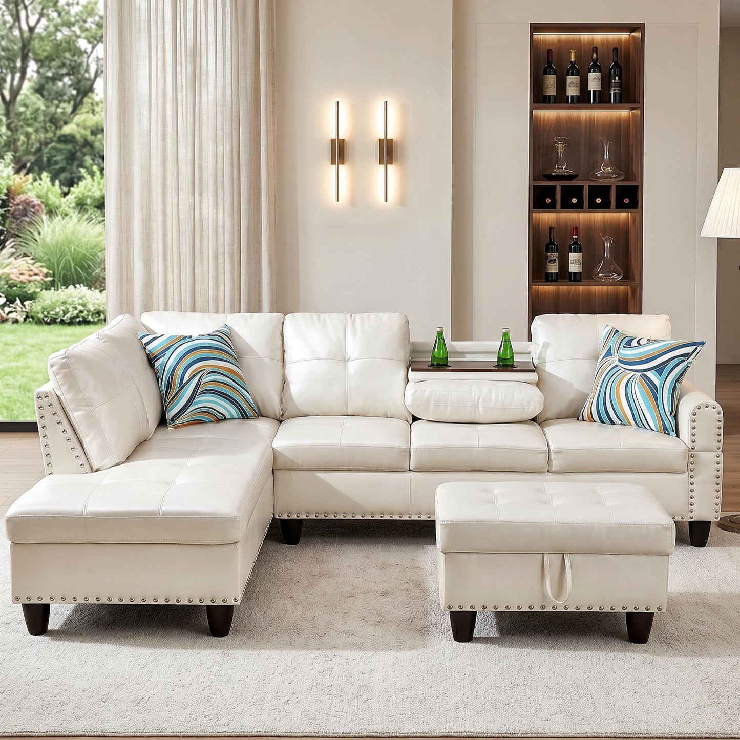 Topcomfy Leather L Shaped Sectional Couches for Living Room - 97.5“ x 69.5" Modular Sectional Sofa with Storage Ottoman, 4 Seat Home Sofa Living Room Furniture Sets with Chaise for Apartment, White