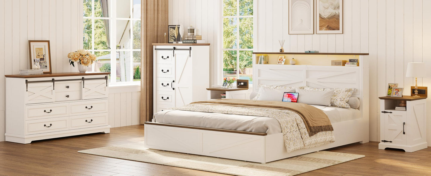 IRONCK 5 Drawers Dressers for Bedroom, Farmhouse Dresser Chest of Drawer with Sliding Barn Door,48” Tall Dresser Storage Organizer for Living Room, Entryway, White/Walnut
