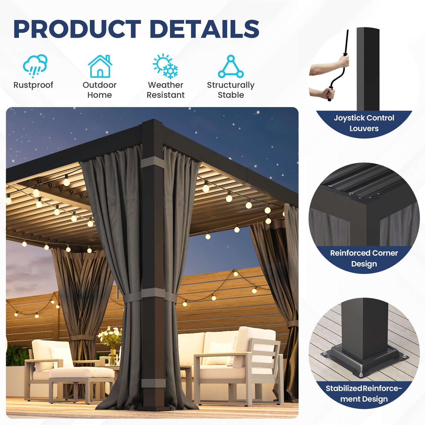 10' x 12' Louvered Pergola, Outdoor Pergola with Metal Adjustable Louvered Roof & Gutter System, Hardtop Patio Gazebo for Backyard, Patio, Garden, Dark Gray