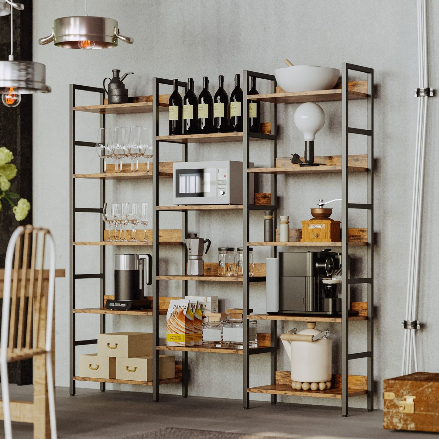 IRONCK Bookshelf, Bookshelves and Bookcases, 5 Tiers Bookshelf with Baffles, Large Book Shelf with Metal Shelving, Triple Wide Shelves for Living Room, Home Office
