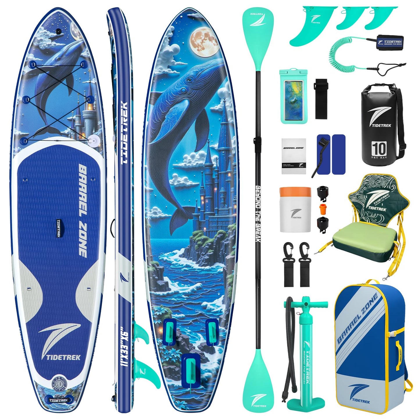TIDETREK 11'/11'6" x 33"/34" x 6" Inflatable SUP Paddle Board – Extra-Wide, Stable Stand Up Paddle Board with Premium Full Accessory Set for Adults & Youth (Whale Dream/Kayak Seat, 11'x33 x6)