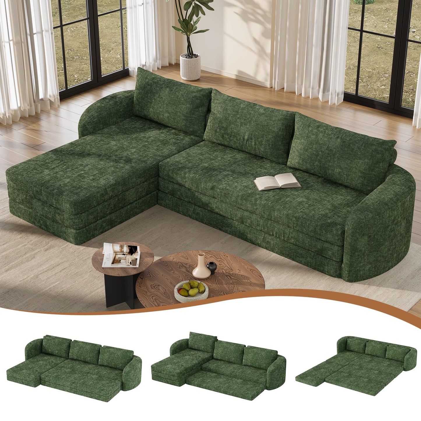 Vesgantti 110.2" Modular Sectional Sofa with Curved Armrest, 6 in 1 Convertible Folding Sleeper Sofa Bed, Chenille Boneless Couch for Living Room, No Assembly Required, Green, Left Facing Chaise