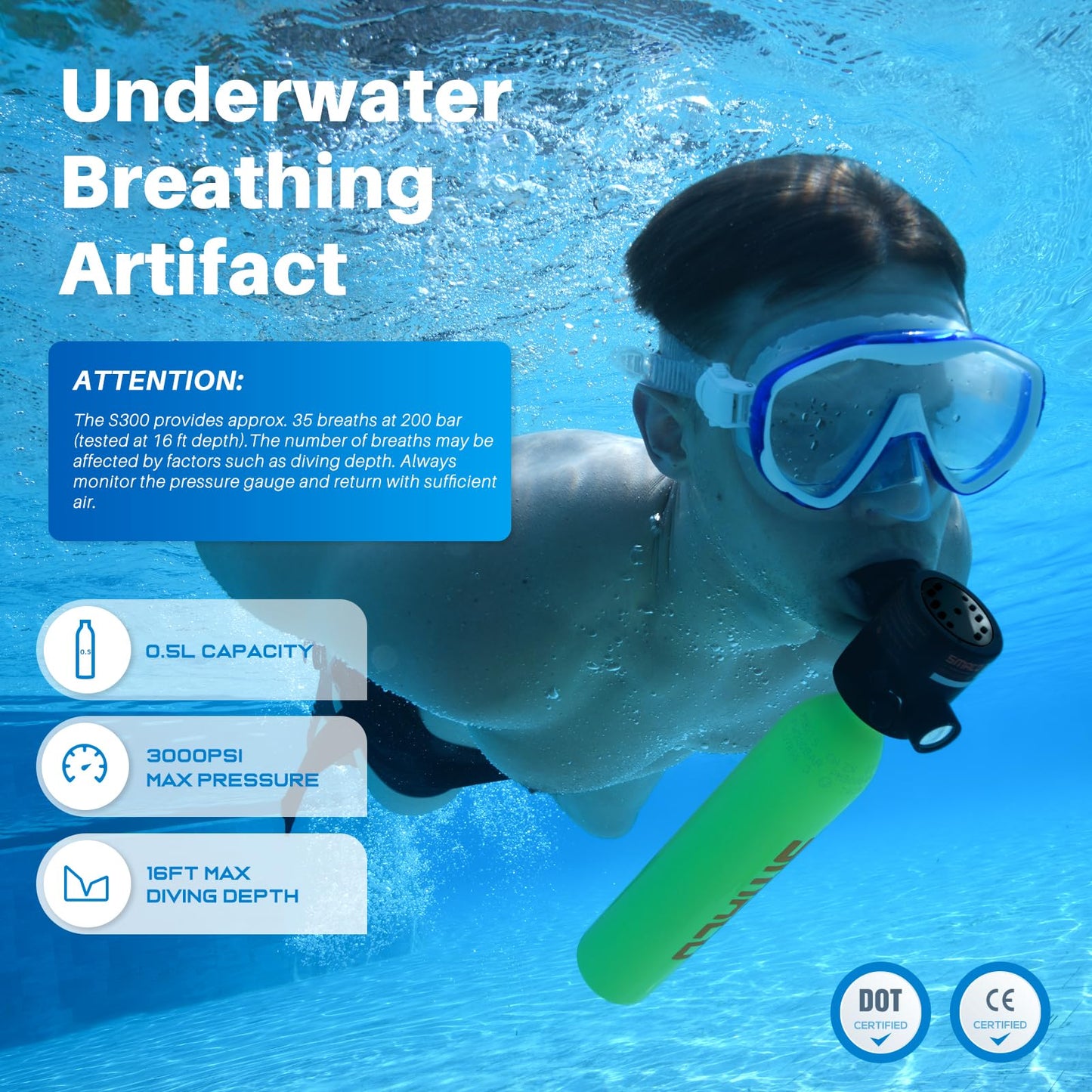 SMACO Mini Scuba Tank 0.5L Portable Small Diving Tank for Underwater Breathing Reusable Diving Cylinder Lung Air Tank for Emergency Rescue Boat Cleaning Backup Air Source Pony Bottle S300