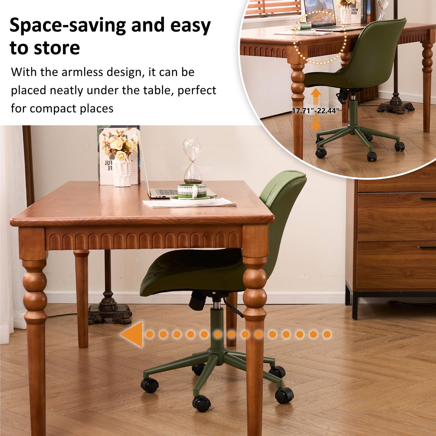 YOUNIKE Olive Green Faux Leather Ergonomic Office Chair Armless Comfy Desk Chair with Rocking Back Cute Swivel Vanity Chair with Wheels Height Adjustable Small Computer Task Chair for Sewing Drafting