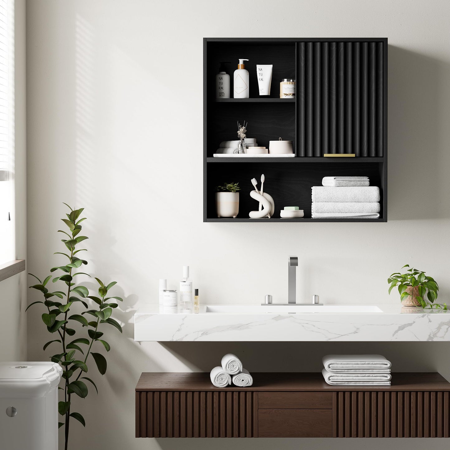 EYYTHUNG 2PCS Fluted Wall Cabinet Bathroom, Modern Medicine Cabinet with Sliding Door Adjustable Shelf Wood Storage Cabinet Wall Mounted for Kitchen Dining Room Living Room, Black