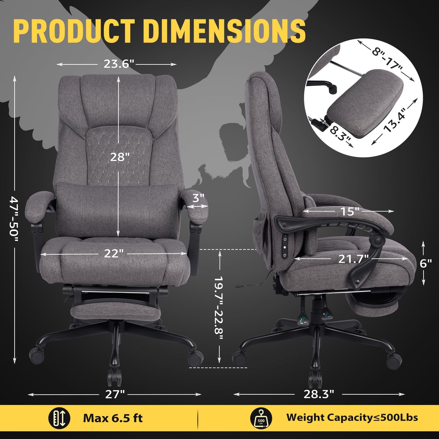 EGSEAT 3D Kneading Massage Office Chair with Heat, 500 lbs Big and Tall Executive Computer Desk Recliner, Leather Electric Heated Office Chairs with Massage & Footrest, Gery