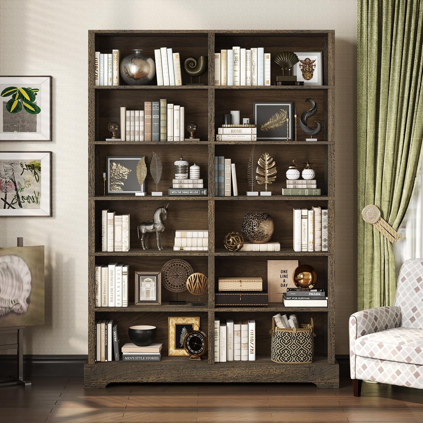 TVU 6-Tier Wood Book Shelf, 47" Wide Large Bookcase and Bookshelf, 76" Tall Bookcase with Storage, Freestanding Wood Display Book Shelves for Living Room, Home Office, Walnut