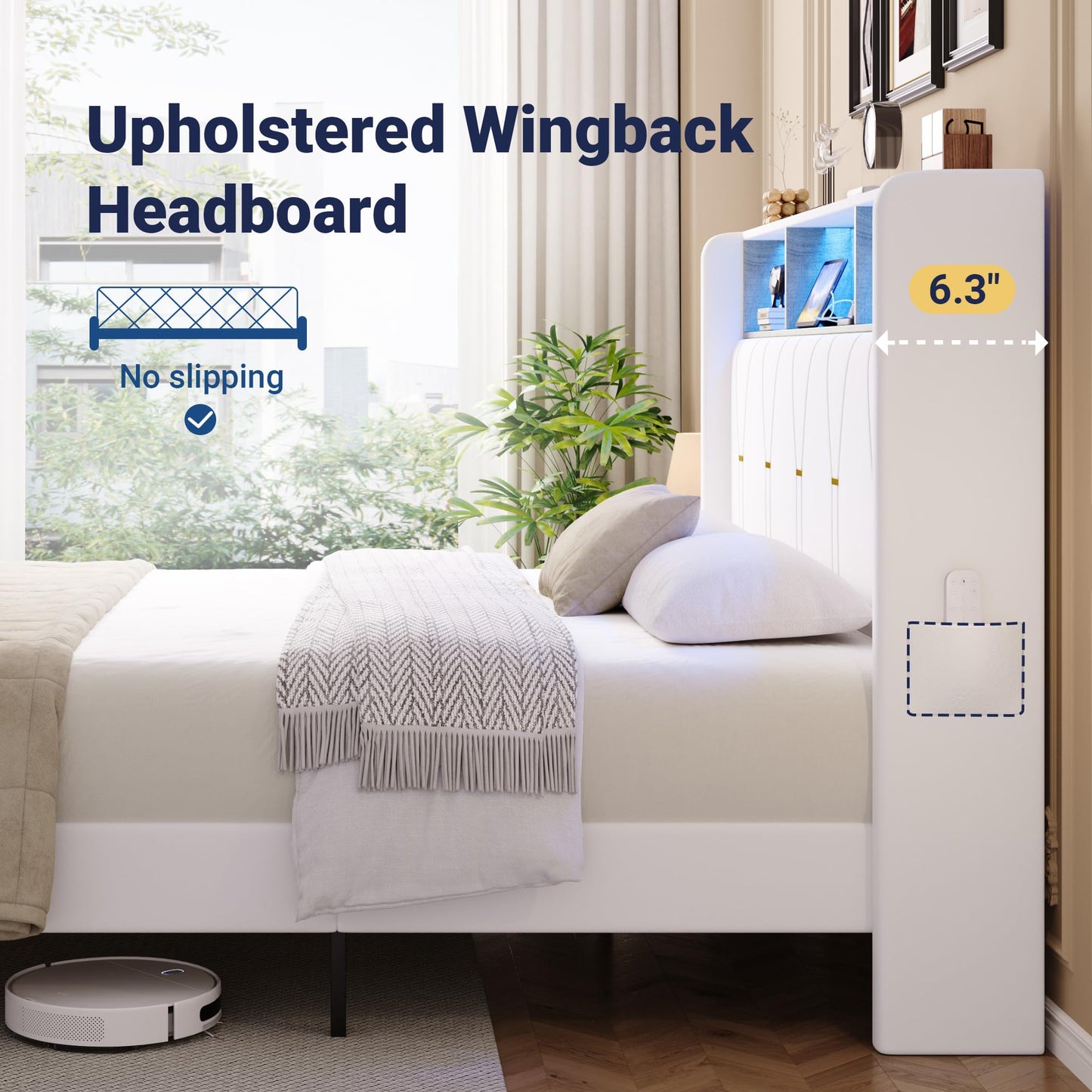 Allewie Full Bed Frame with 2-Tier Storage Headboard, Charging Station & LED Lights, Velvet Upholstered Platform Bed with 2 Drawers, Wingback Headboard, Gold Button Tufted, No Box Spring Needed, White