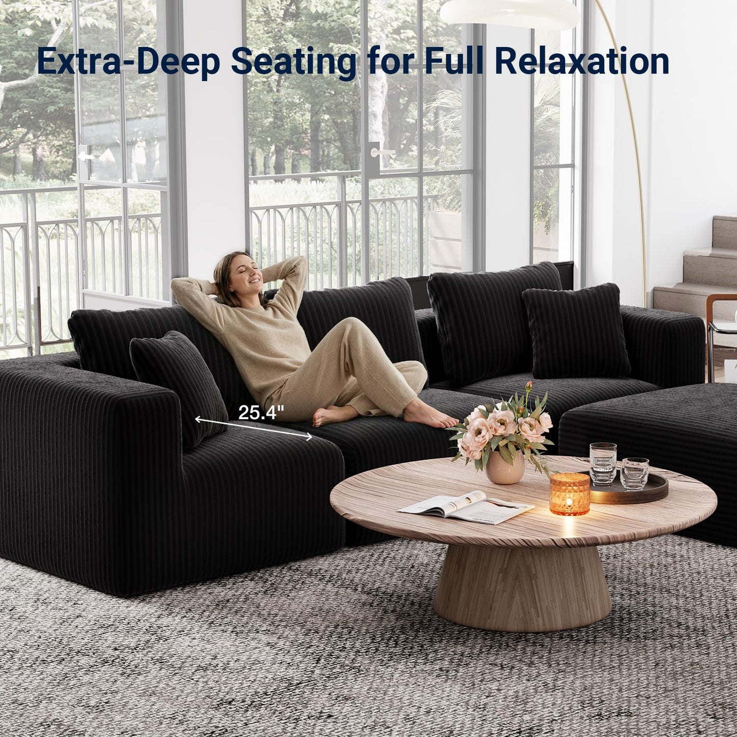 Avenco 141” U-Shaped Modular Sectional Couch Sofa with 4 Ottomans, Individually Wrapped Coil Support & Corduroy Fabric, Zero Assembly 8-Piece Set for Spacious Living Room, Black