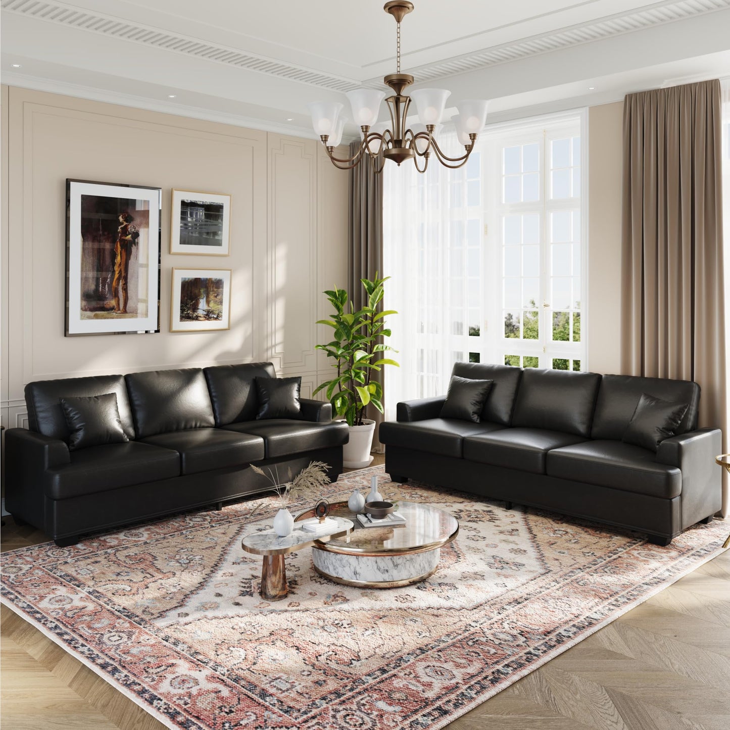 Garvee 86" Faux Leather Sofa, Modern Deep Seat Couch with 2 Throw Pillows, Upholstered Cushion & Removable Cover, Comfy Leather Couch for Small Space, Apartment, Living Room Lounge, Black