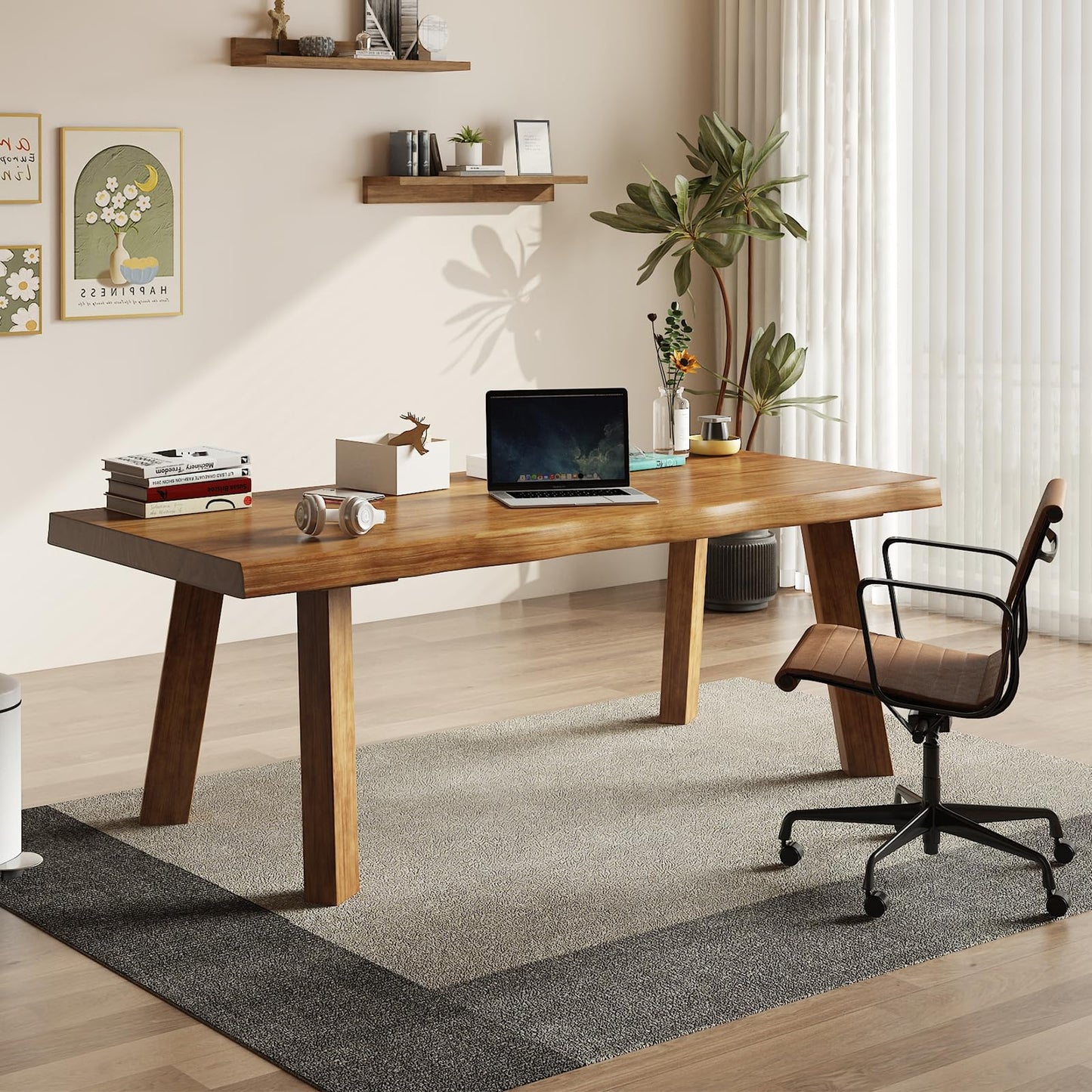 SXXjiaju Solid Wood Desk 55 inches, Live Edge Wooden Home Office Computer Desk Modern Simple Design for Writing, Study, Dining, Gaming