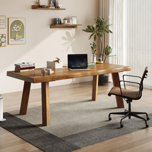 SXXjiaju Solid Wood Desk 55 inches, Live Edge Wooden Home Office Computer Desk Modern Simple Design for Writing, Study, Dining, Gaming