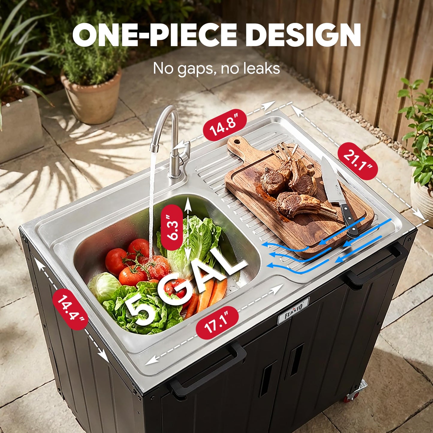 Feasto Outdoor Kitchen Island with Stainless Steel Sink and Storage Cabinet, 35-Inch BBQ Prep Station with Faucet & Lockable Wheels for Patio, Backyard, and Outdoor Cooking, Black & Silver