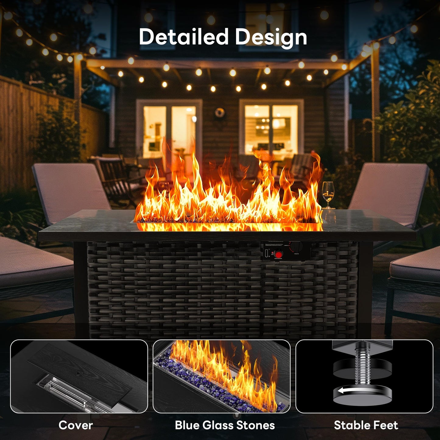 43” Outdoor Propane Fire Pit Table, 50,000 BTU Square Rattan Gas Fire Pit with Lid & Blue Crystal Stones, Steel Tabletop, Adjustable Flame, 4-in-1 FirePit Table for Patio, Backyard, Outdoor Gatherings