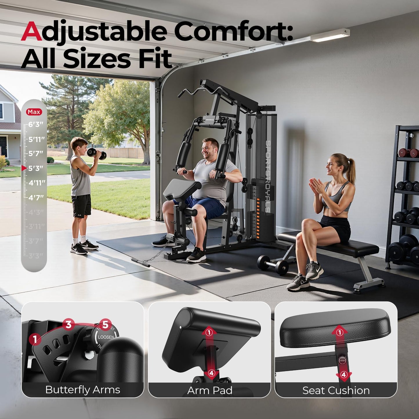 Sportsroyals Home Gym, Multifunctional Workout Station with 150LBS Weight Stack, Full Body Workout Equipment for Home Exercise Fitness (Ink Black)