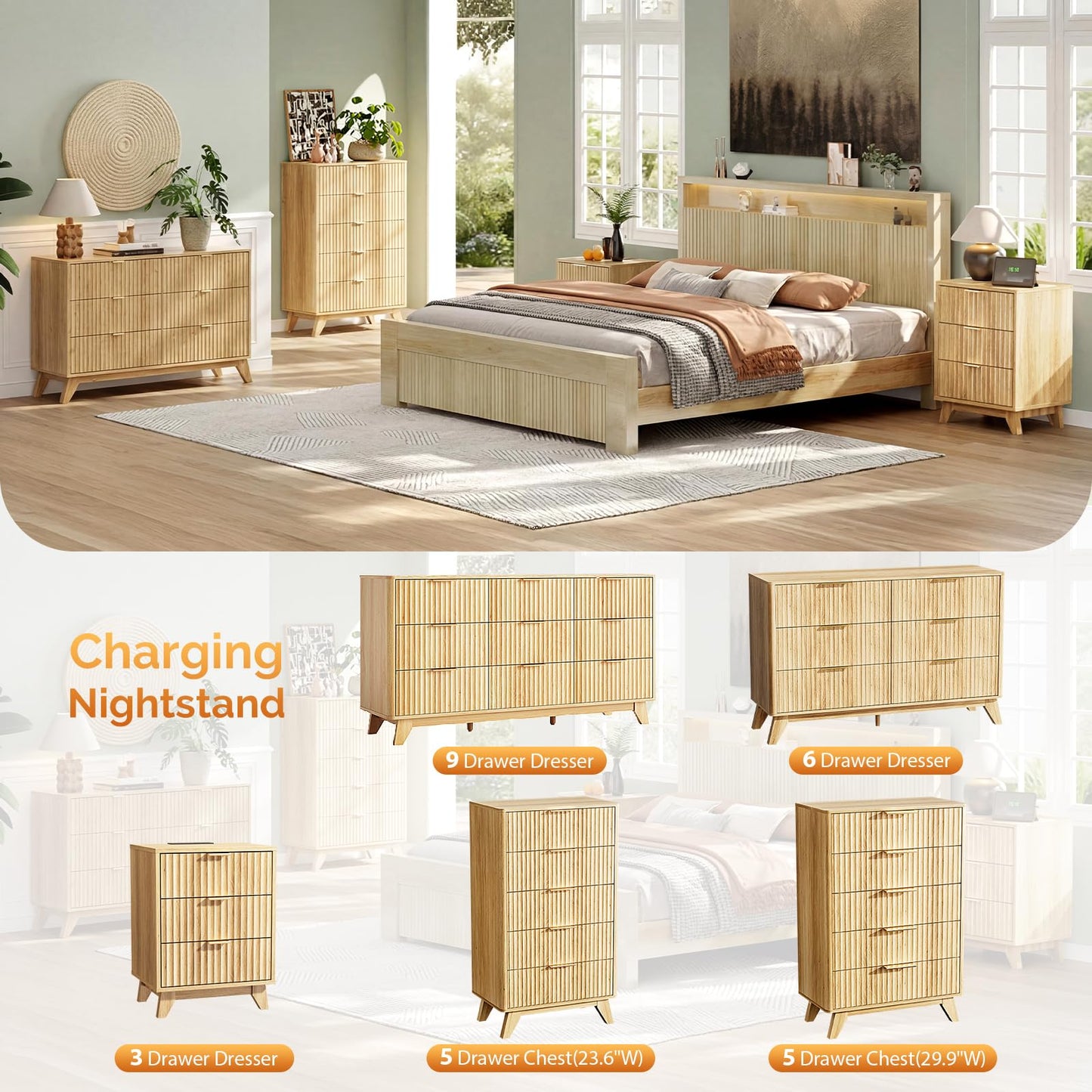 VINGLI Tall Dresser for Bedroom, Fluted Dresser Vertical Chest of Drawers, Tall Chest of Drawers Bedroom with Rounded Edges, 29.92" W*15.6" D*44.88" H