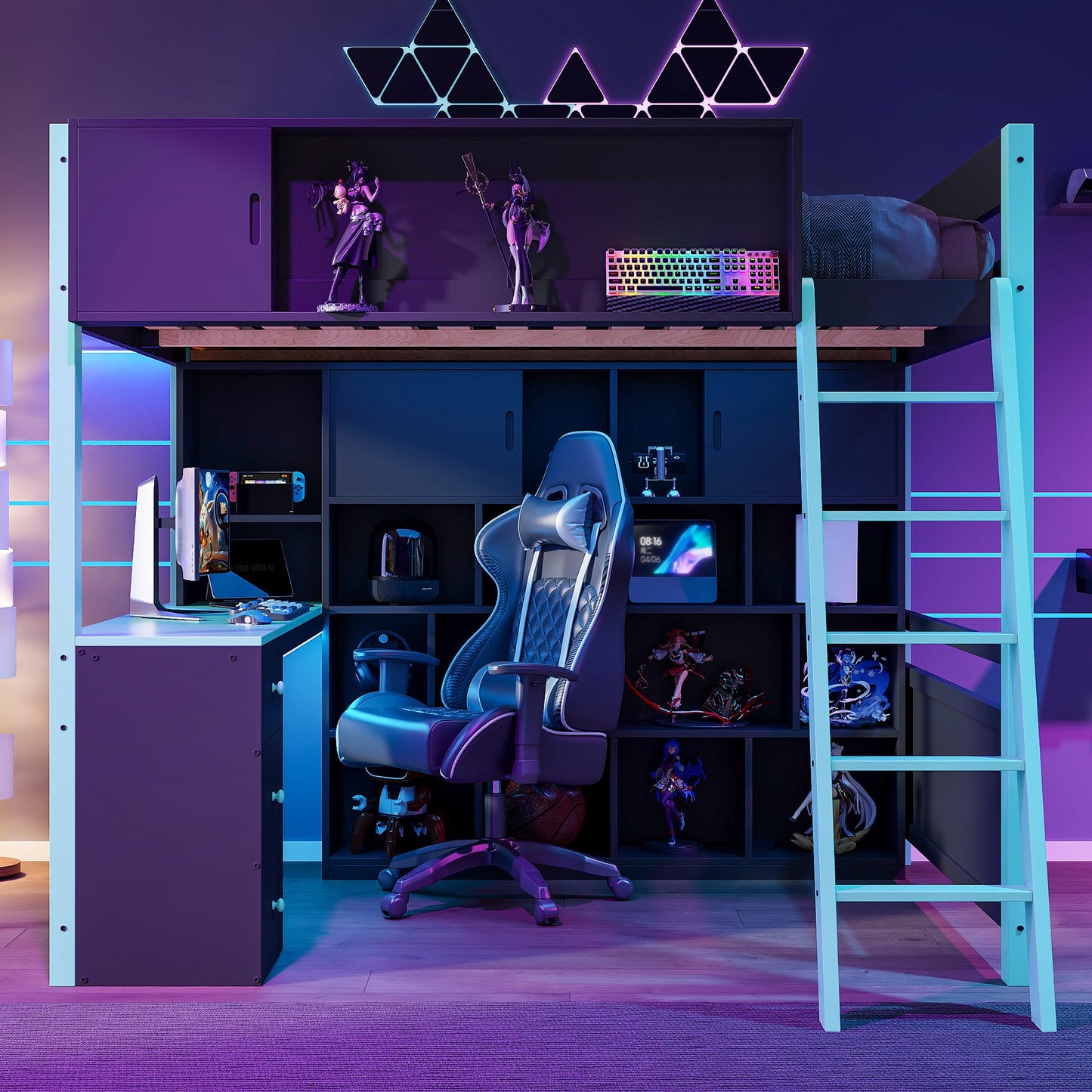 Merax Full Size Wood Loft Bed Frame with Desk and Ample Storage Space, Gaming Bed with Light Strip for Teens Bedroom, Full-Length Guardrails, No Box Spring Needed, Blue