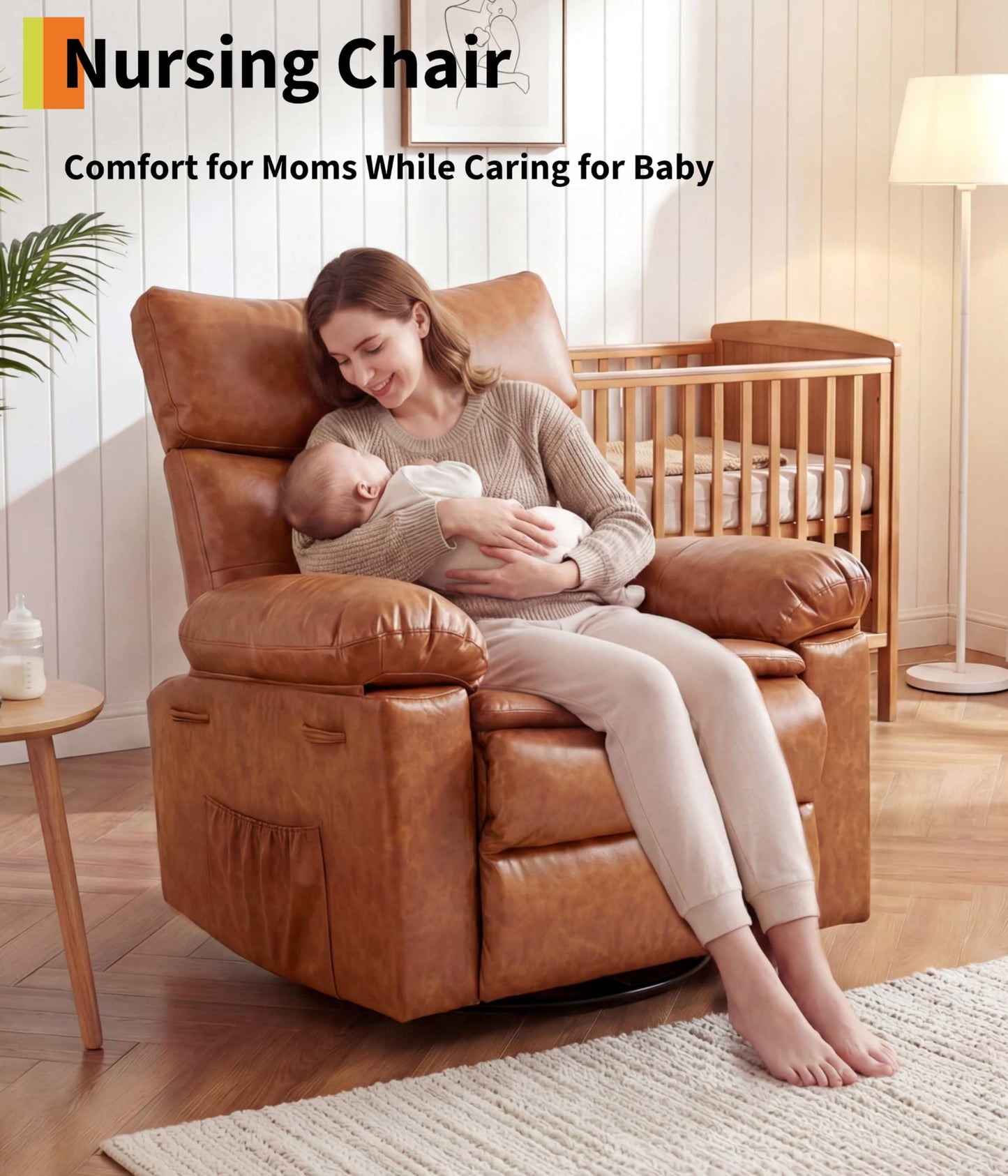 GarveeHome Leather Recliner Chair - Heat and Massage, Swivel Rocker Manual Recliner for Adults, Lazy Rocking Chair with Comfort Arms and Back Single Sofa for Living Room