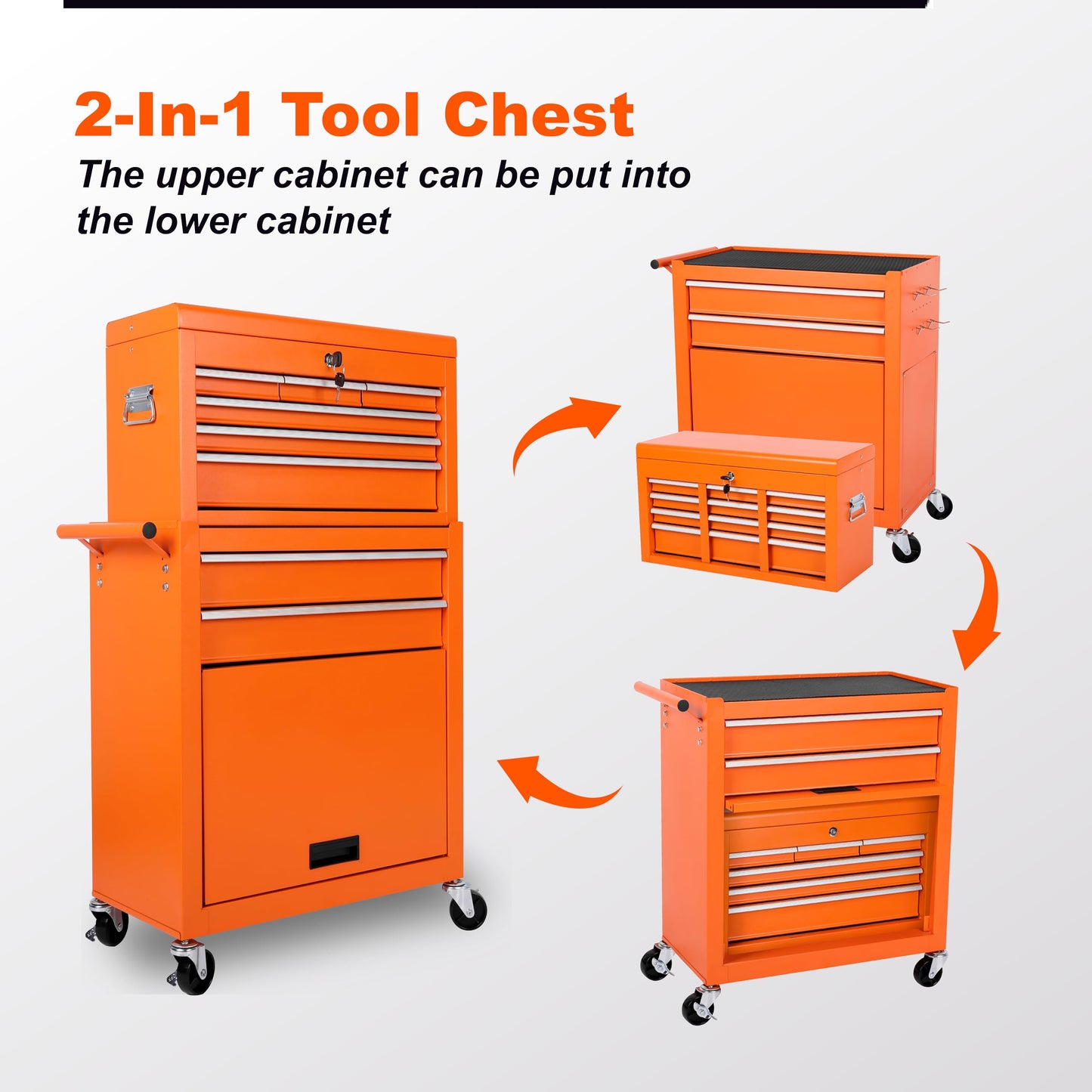 KEIKI 8-Drawer Rolling Tool Chest, Lockable 2 in 1 Detachable Top Tool Box with Drawers, Lockable Wheels, Side Hooks for Garage, Warehouse, Tool Room (Orange)