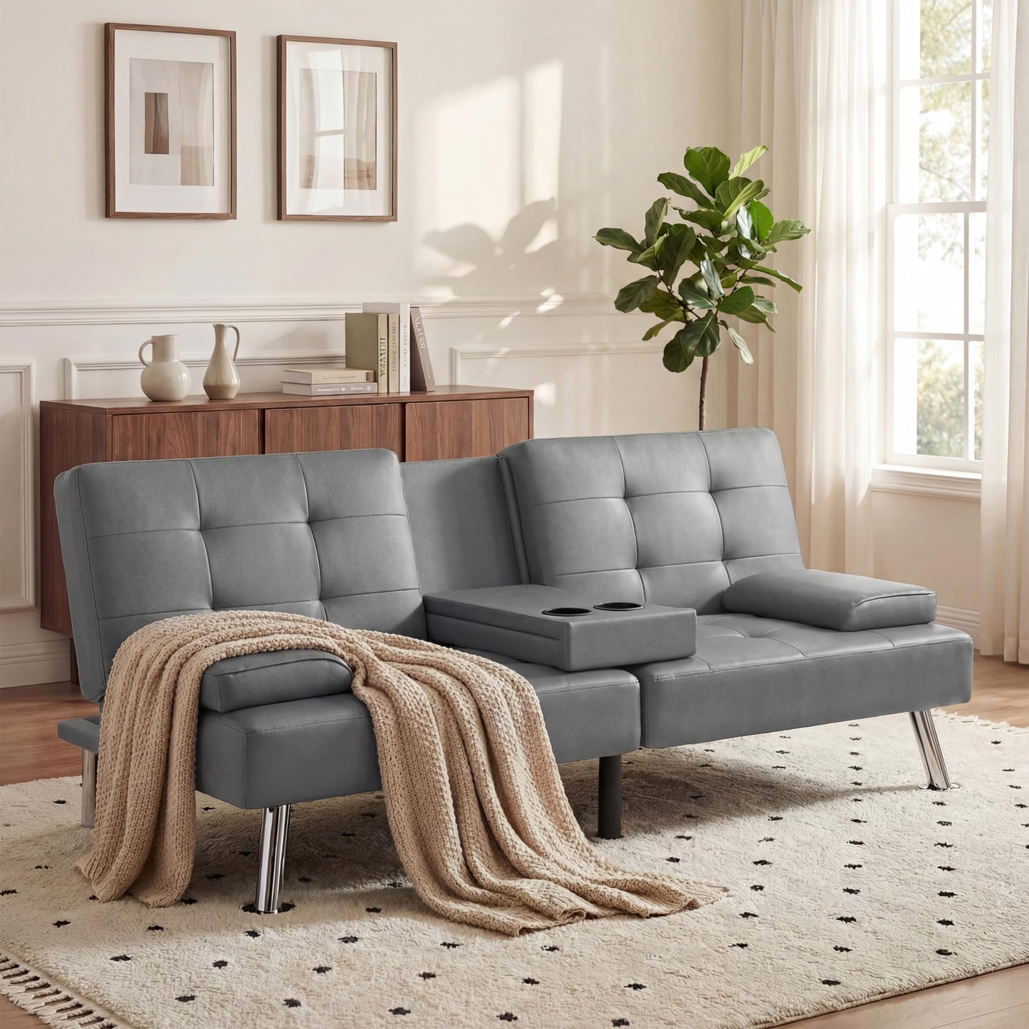 YESHOMY Modern Futon Sofa Bed, Convertible Futon Couch with Adjustable Backrest, Futon Loveseat Sleeper Sofa Bed with Armrest for Living Room, Small Spaces,PU Leather, Gray