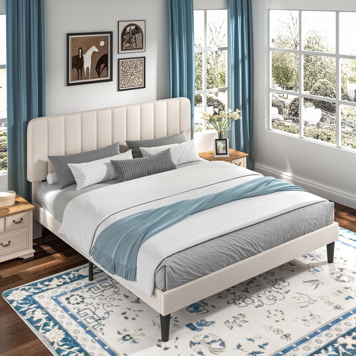 VECELO King Size Bed Frame with Upholstered Headboard, Velvet Platform Bedframe Mattress Foundation, Strong Wood Slat Support, No Box Spring Needed,Velvet Beige