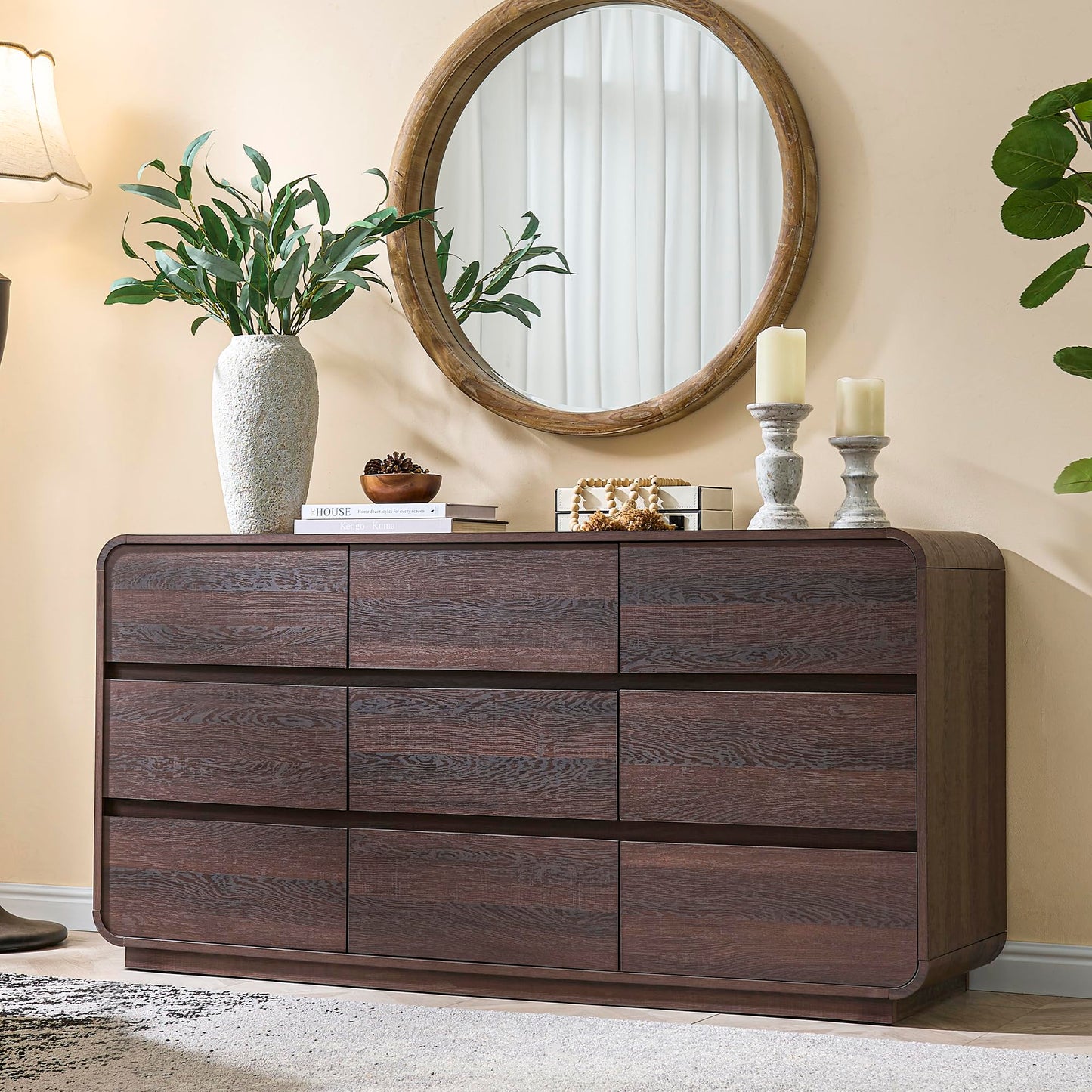 Standifurno 9 Drawer Double Dresser for Bedroom, Modern Curved Wood Chest Drawers of Handleless, Large Storage Dresser Bedroom, Living Room, Entryway, Walnut
