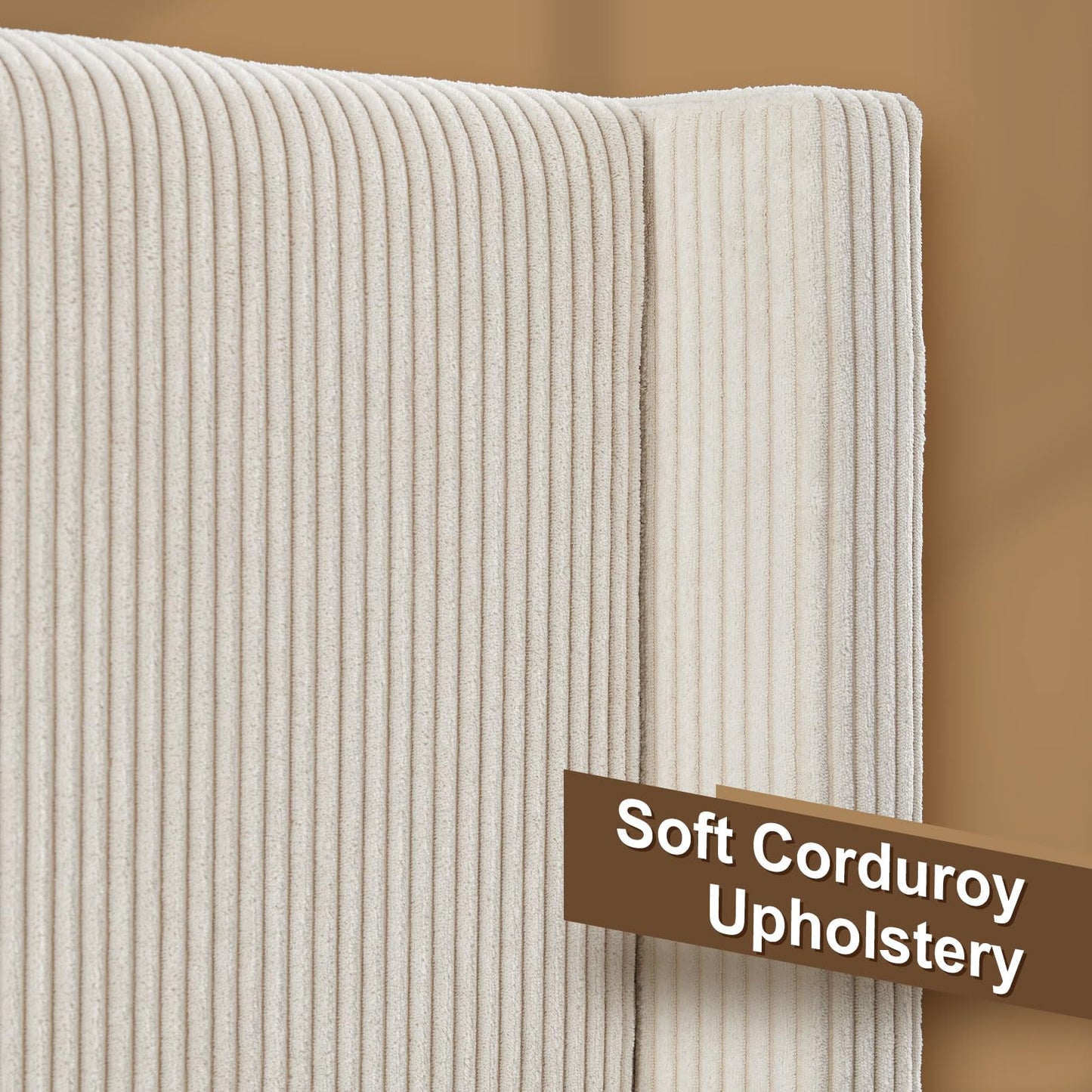 HOWE King Size Bed Frame with 50.8 Inch Corduroy Wingback Headboard, Cream