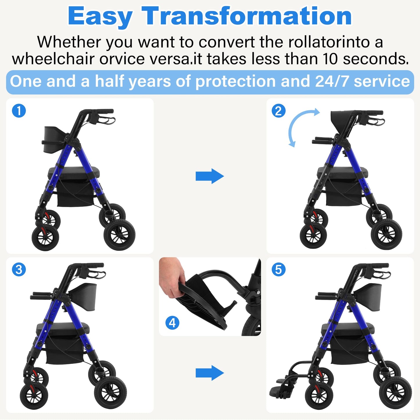 StrollAid Walkers for Seniors 2 in 1 Wheelchair Combo, 450 lb Foldable Rollator Transport Chair with Seat, Heavy Duty Rolling Walker 10" Wheels for All Terrain, Blue
