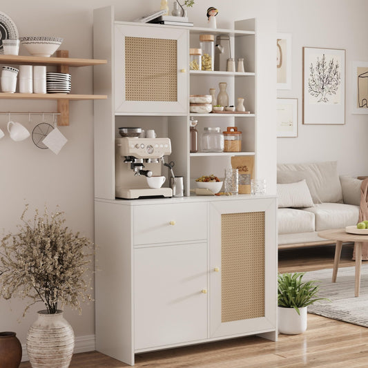 71'' Tall Kitchen Pantry Storage Cabinet, Kitchen Hutch Bar Cabinet with Microwave Stand, Farmhouse Buffet Cabinet w/Drawer, 3 Adjustable Shelf & 3 Rattan Doors for Kitchen, Dining Room (White)