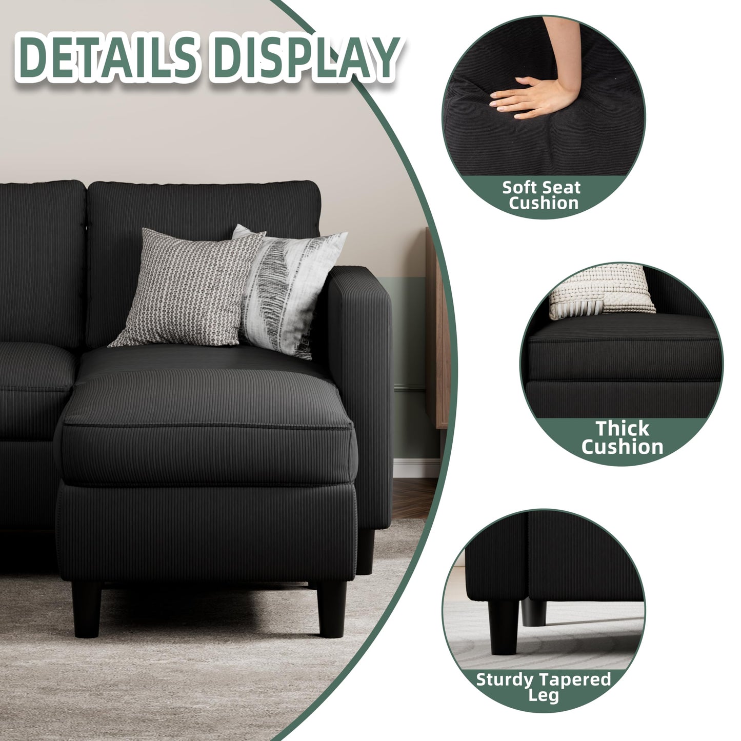 SUNLEI L-Shaped Sectional Sofa, Sectional Couches with Reversible Ottoma, 3-Seat Small Couch, Modern Ribbed Fabric Sofa for Living Room Apartment, Compact Comfy Upholstered Couch, Matte Black