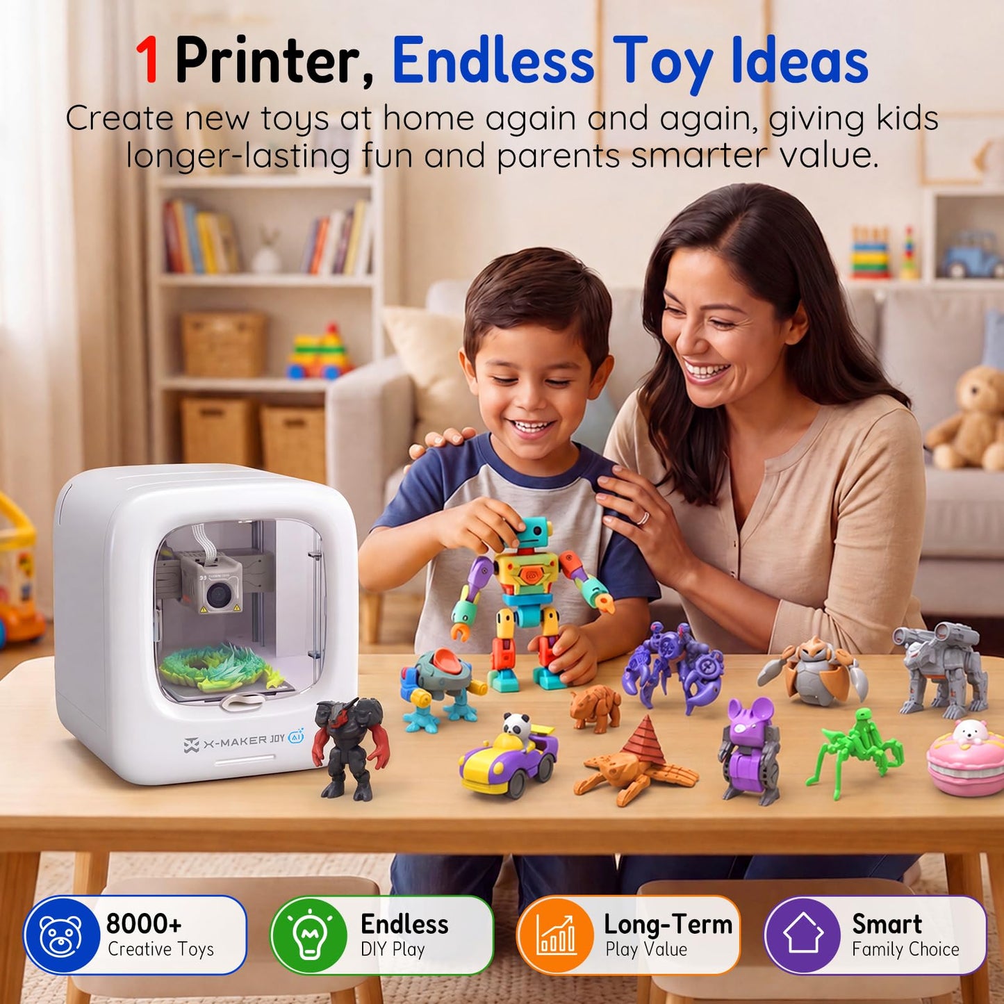 AOSEED 3D Printer for Kids, Fully Assembled AI 3D Printer with 8,000+ Models & 17+ Modules, 400mm/s High Speed, Leveling Free, STEM Toy Gift with 8 PLA Filaments for Home & School, X-Maker Joy AI+
