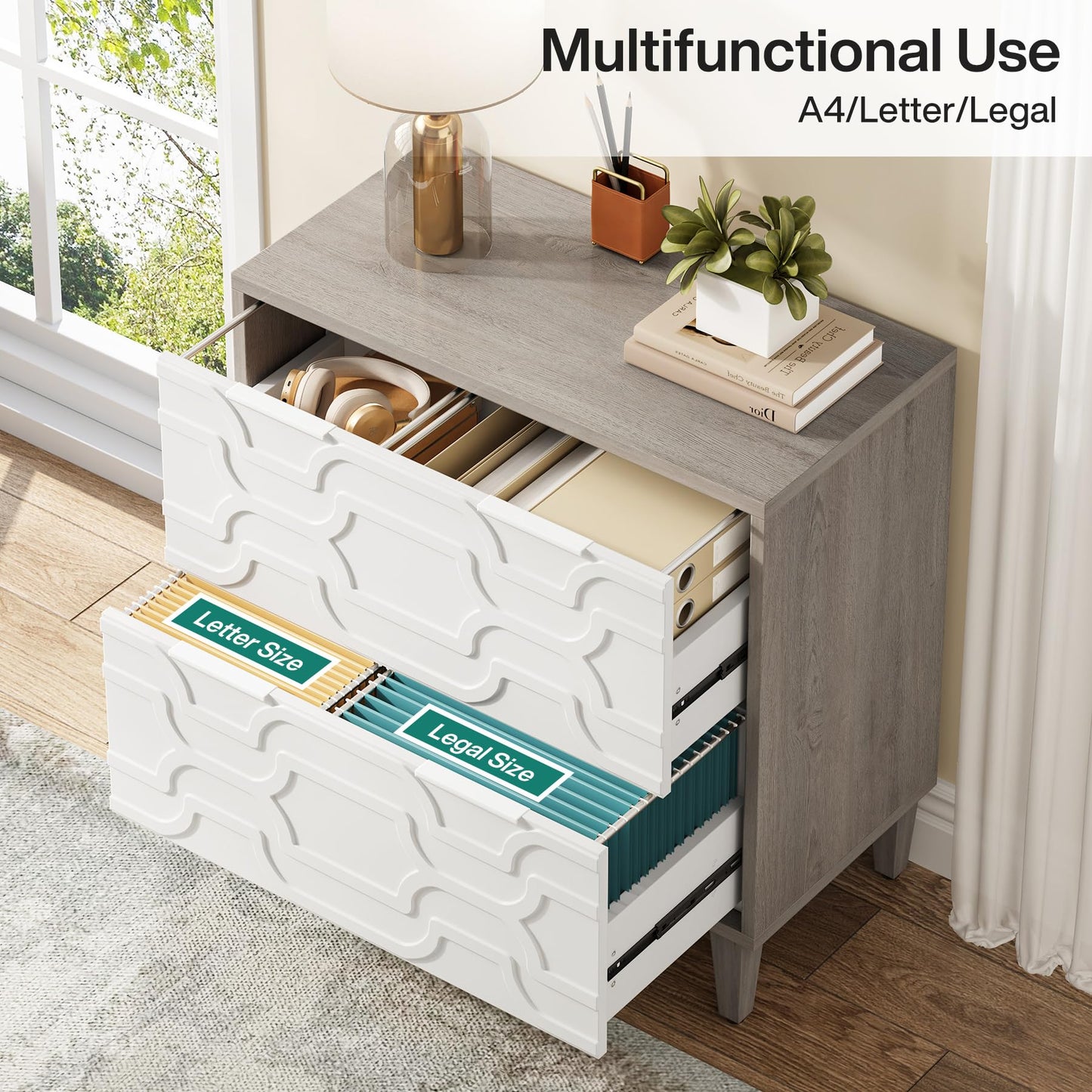 LITTLE TREE 2-Drawer File Cabinet, Lateral Filing Cabinet for A4/Letter/Legal Size, Office Storage Cabinet, Printer Stand with Storage Drawer for Home Office, White