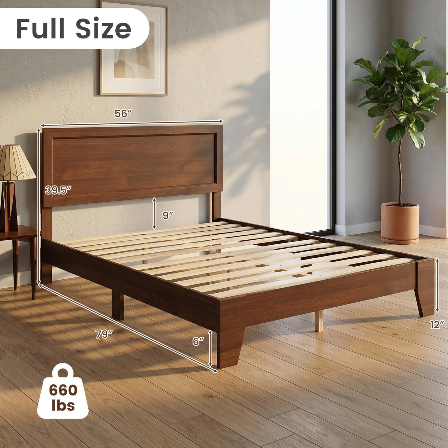 KOMFOTT Full Size Bed Frame, Mid-Century Modern Platform Bed with Headboard, Wooden Slat Support Mattress Foundation, Under-Bed Storage Space, No Box Spring Needed (Walnut,Full)
