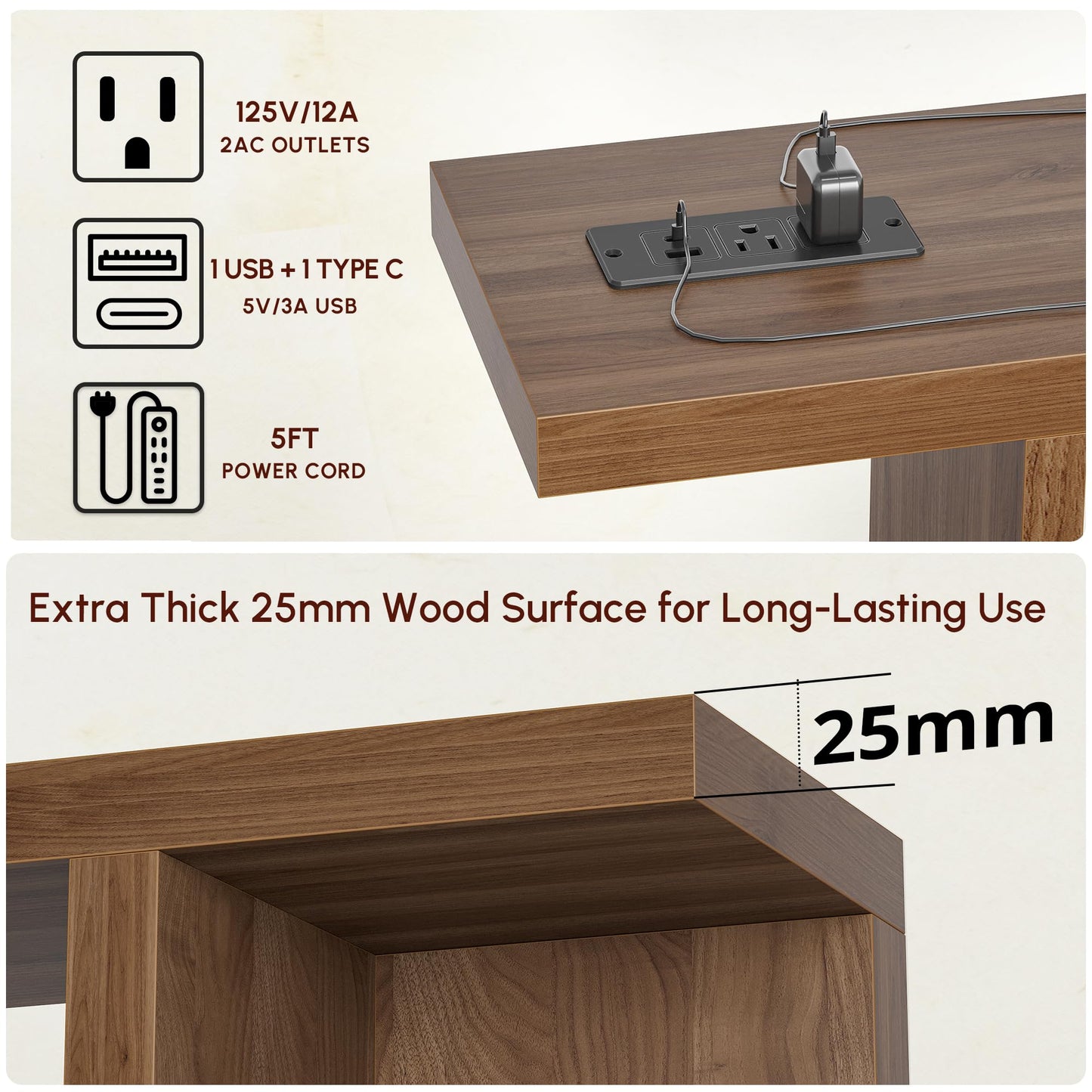 TIQLAB 71 Inch TV Stand Console Table with Power Outlets, Black Walnut