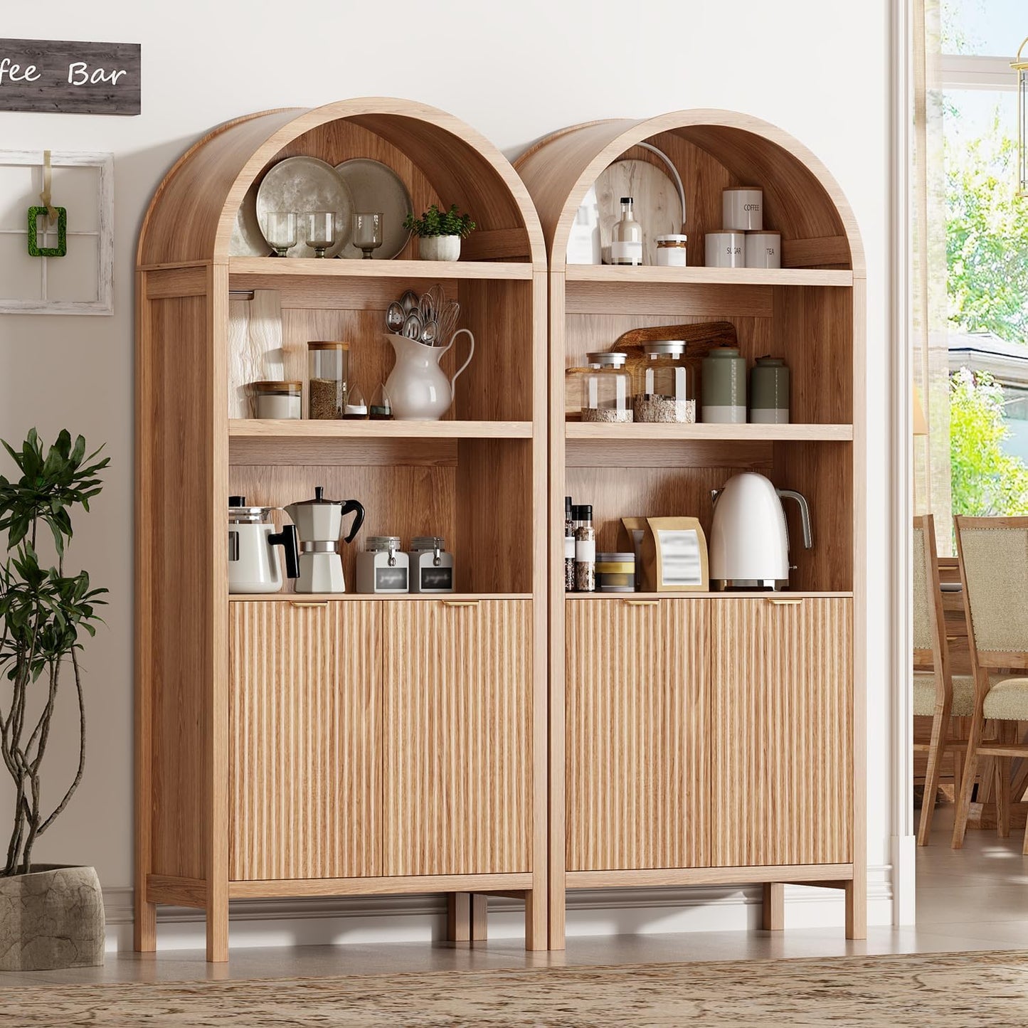 Ieejdn 71" Tall Arched Kitchen Pantry,Modern Fluted Wood Storage Cabinet with Doors,Adjustable Shelves,Organizer, Versatile Cupboard for Kitchen,Living Room,Dining Room,Bathroom,Wood