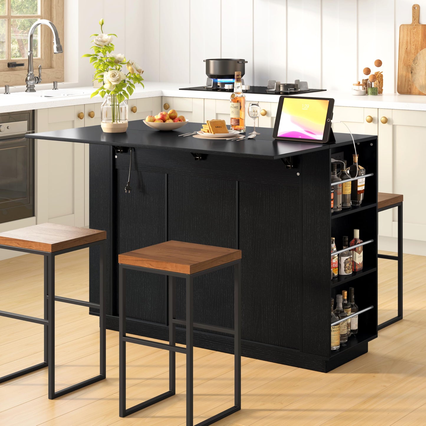 Merax Kitchen Island with Extendable Dining Table & Power Outlet, Wood Wine Bar Cabinet with Bottle Rack & Glass Holder, Coffee Bar, 2-Door Buffet Sideboard with Side Shelves, Black